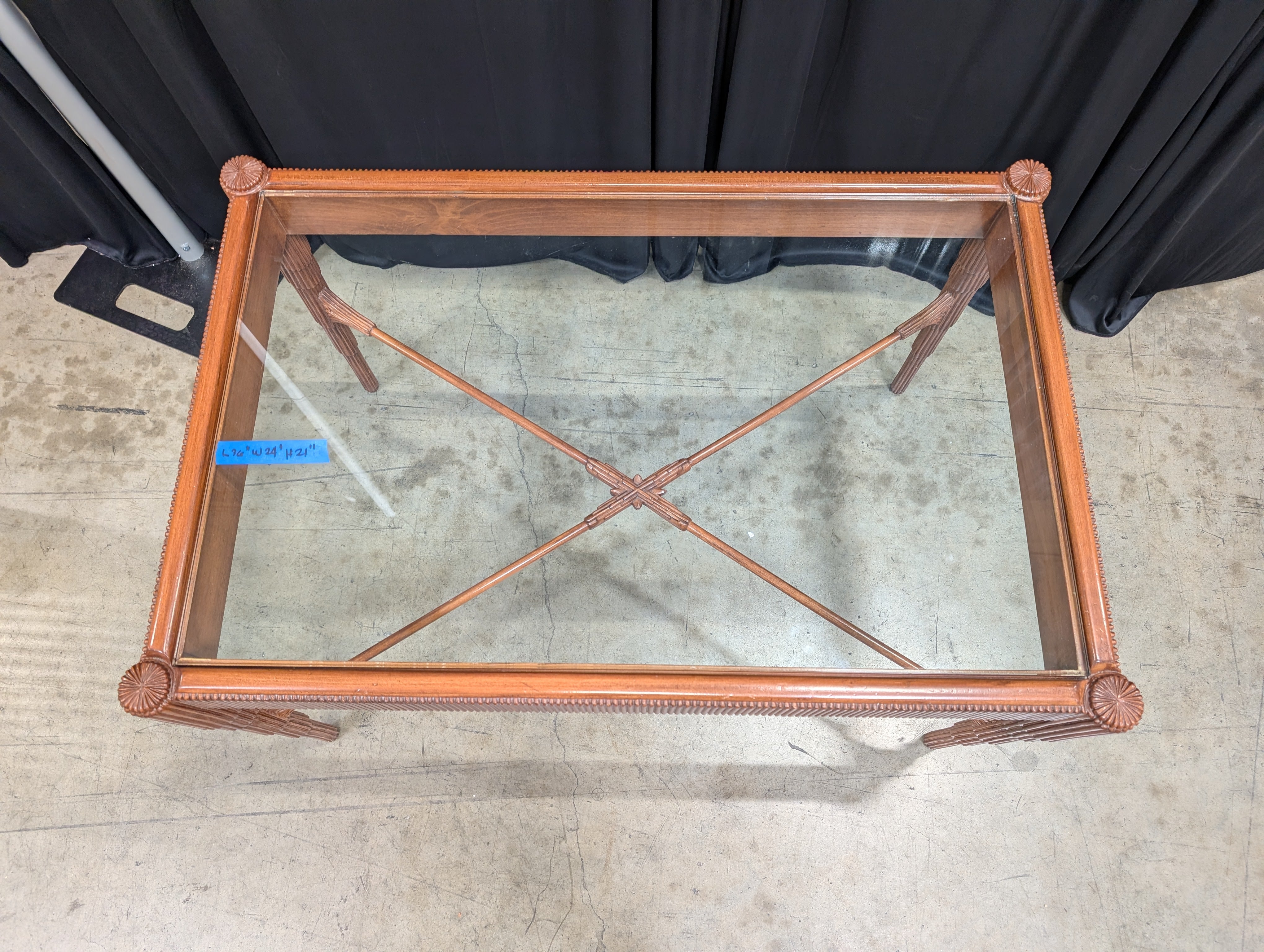 Carved Wood Rectangular Coffee Table with Glass Top