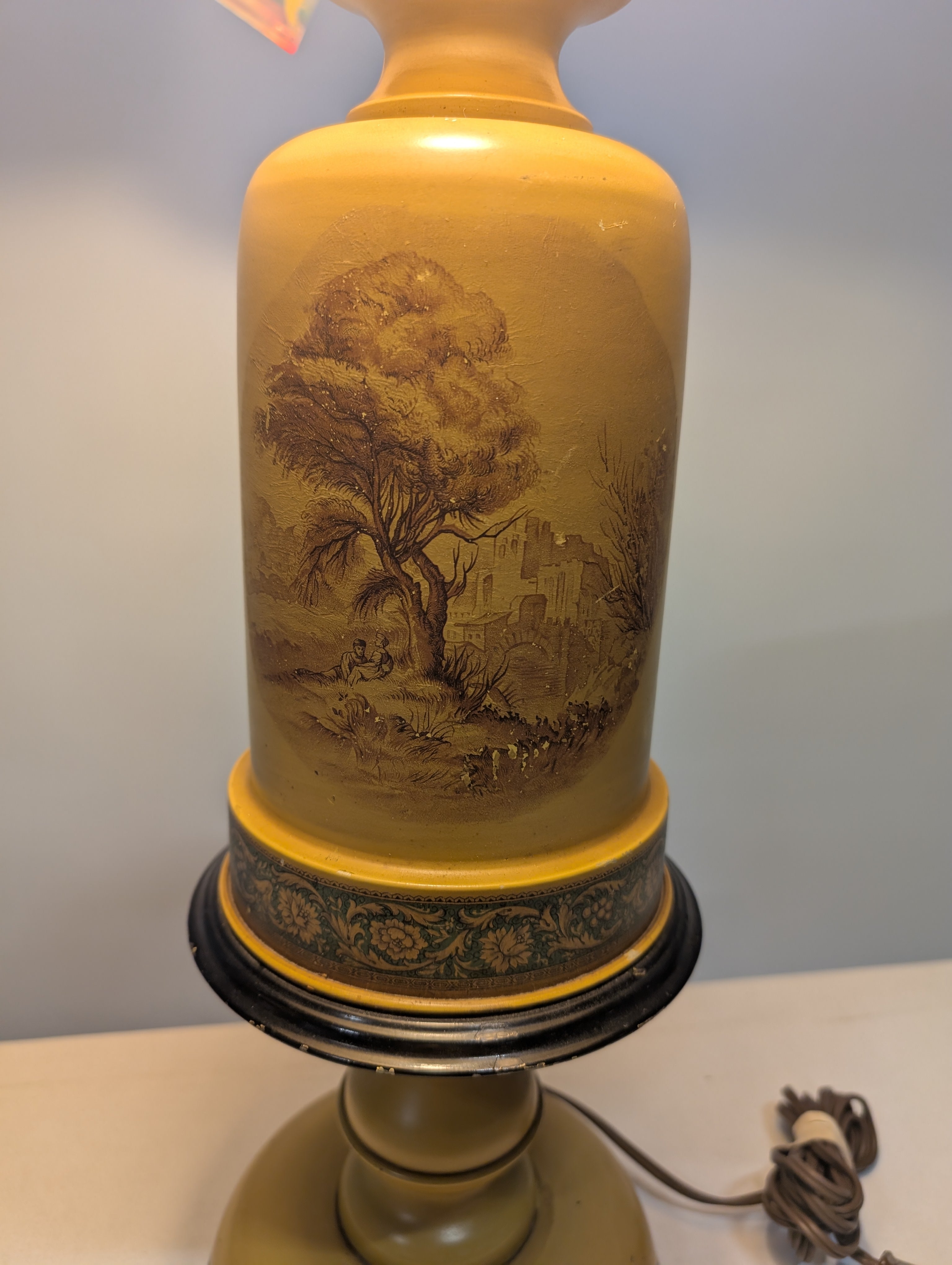 Vintage Style Mustard Yellow Table Lamp with Scenic Design