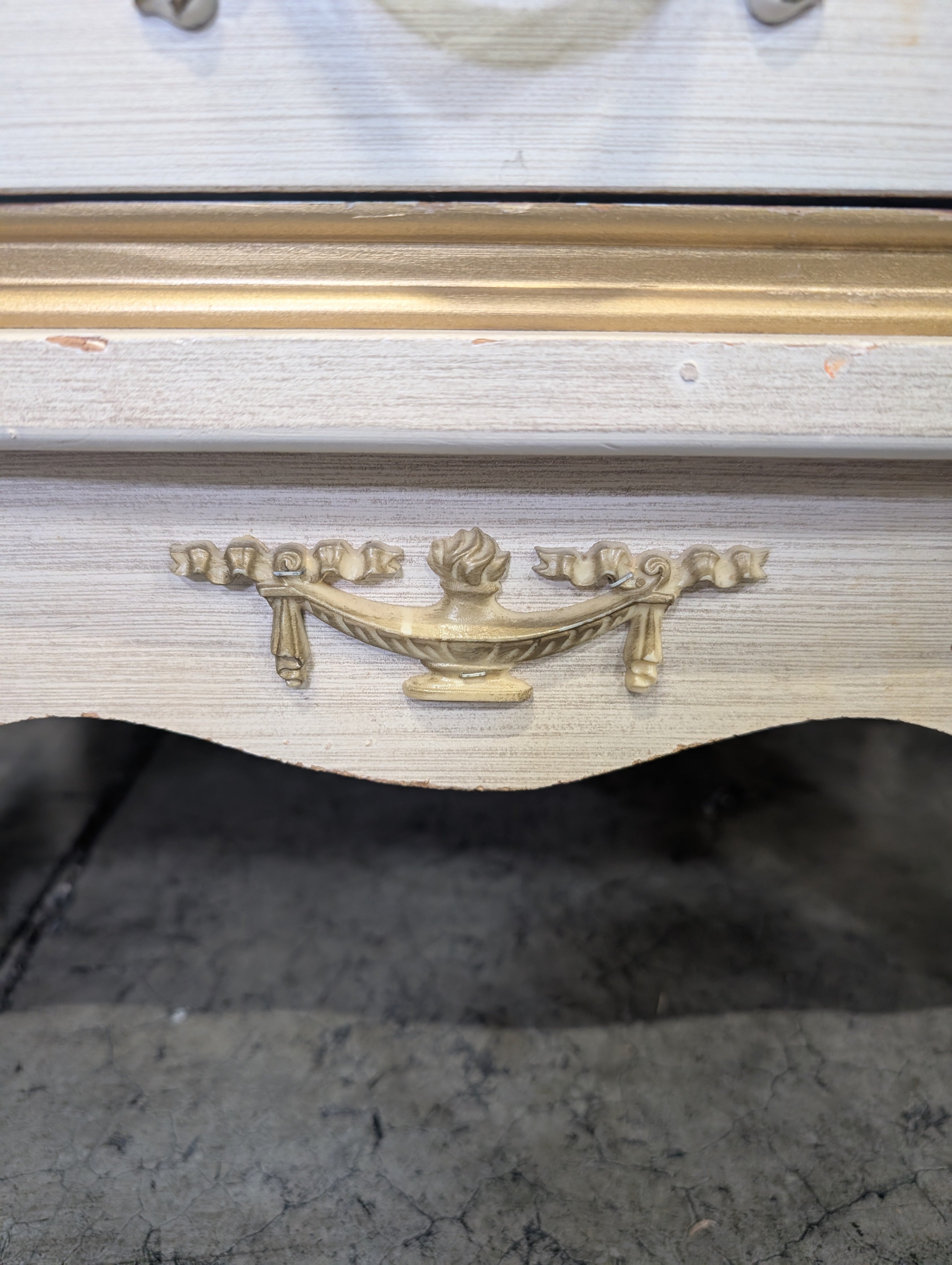 Vintage French Provincial Tall Chest of Drawers, Cream and Gilt Accents