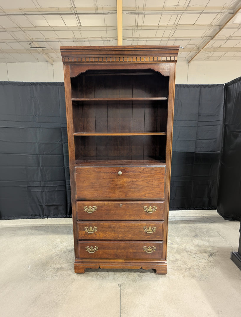 Classic Cherry-Stained Hardwood Bookcase with Storage Drawers