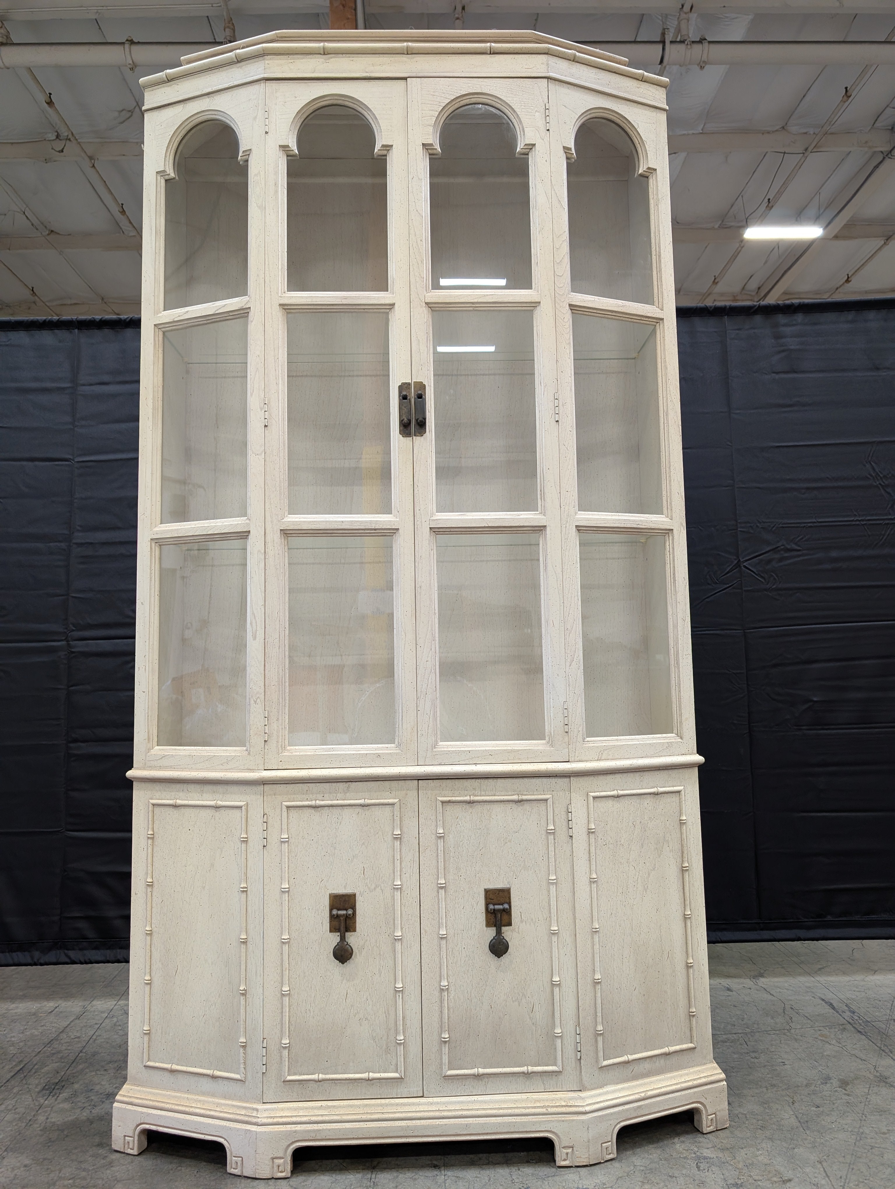 Distressed White Wood Display Hutch with Arched Glass Doors