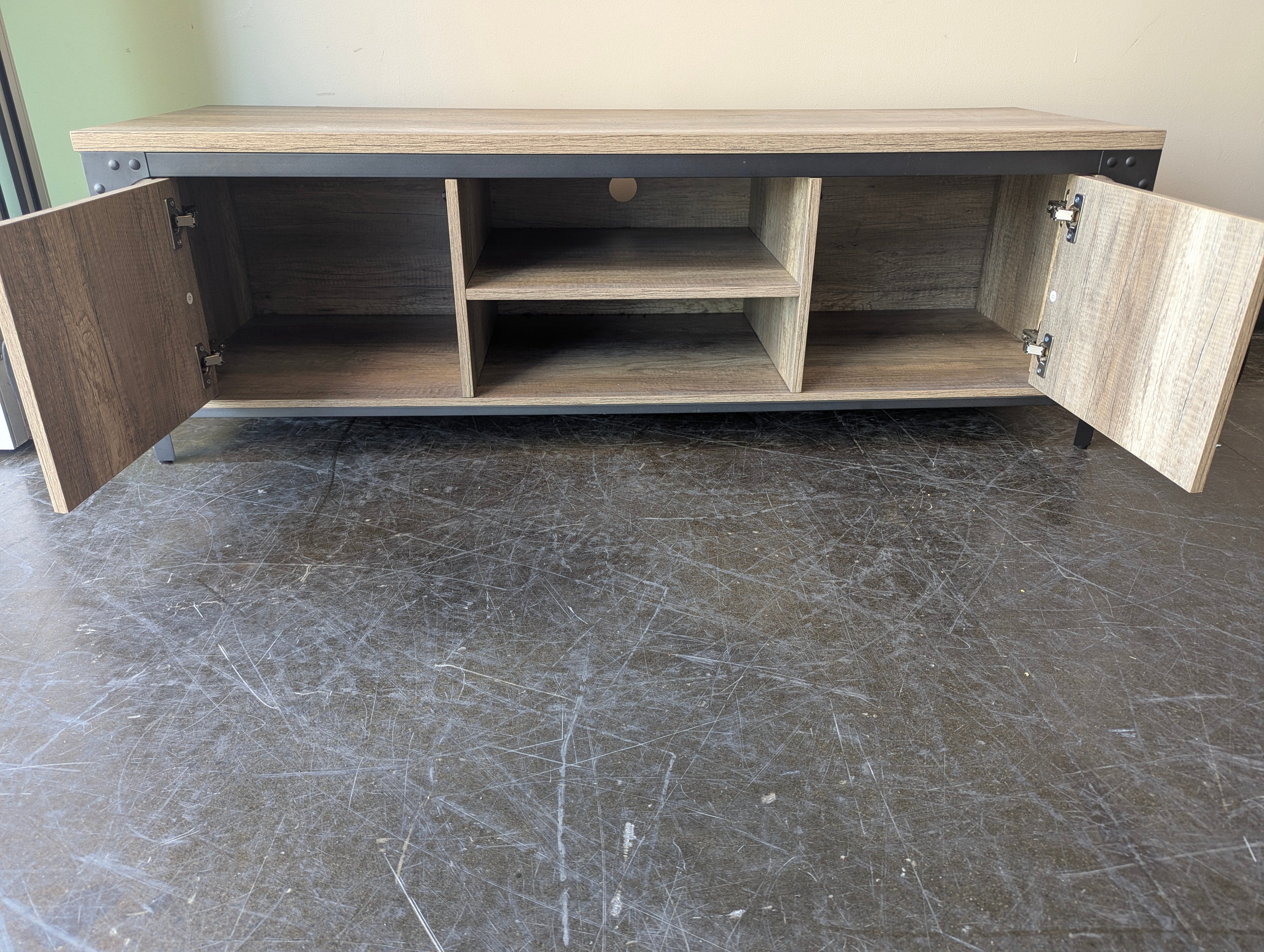 Rustic Gray Wood Media Console with Black Metal Accents