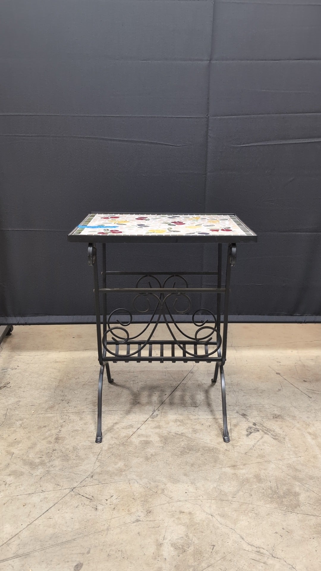 Artisan Mosaic Floral Side Table with Wrought Iron Base