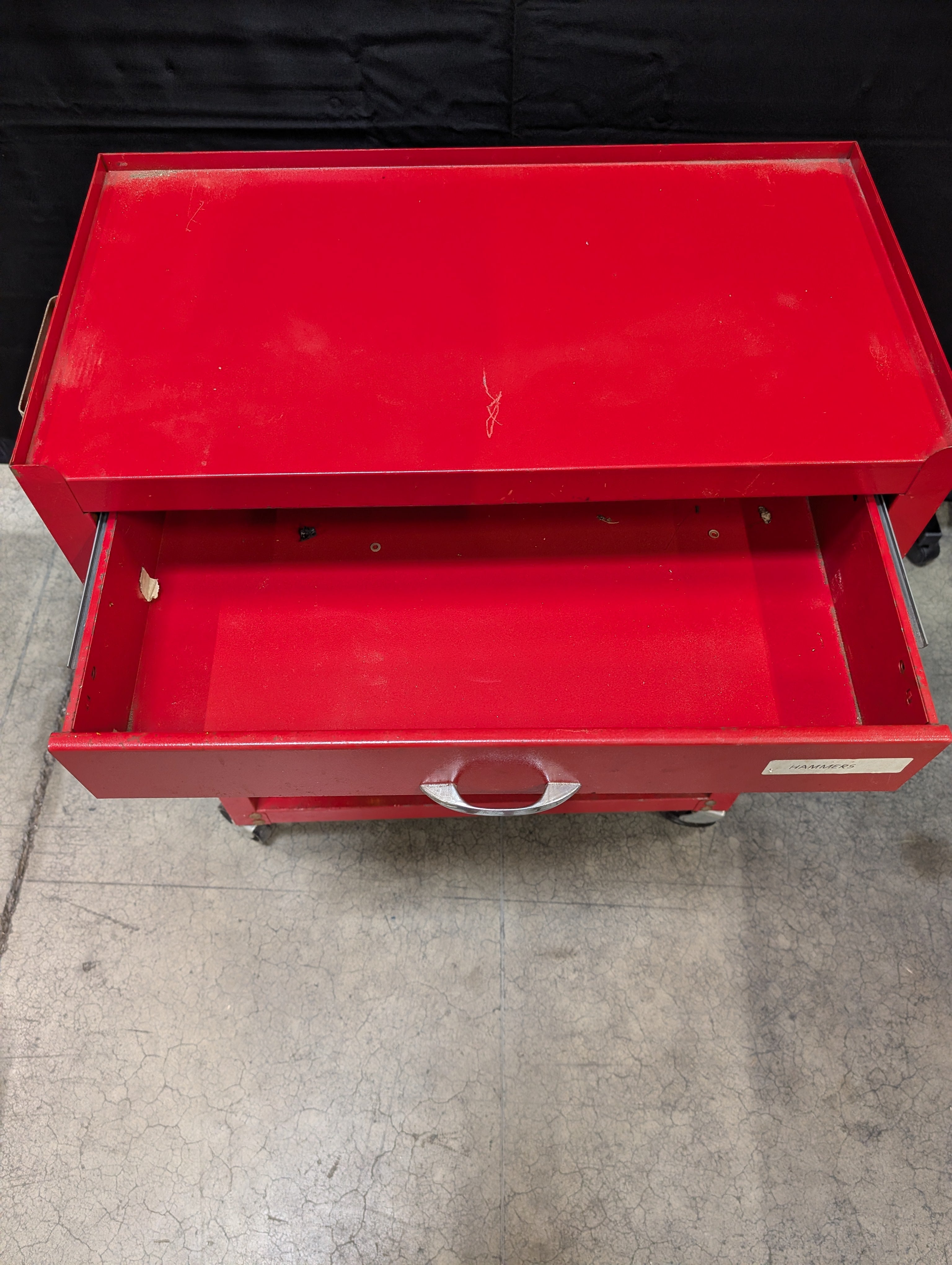 Compact Red Metal Rolling Tool Cart with Two Drawers