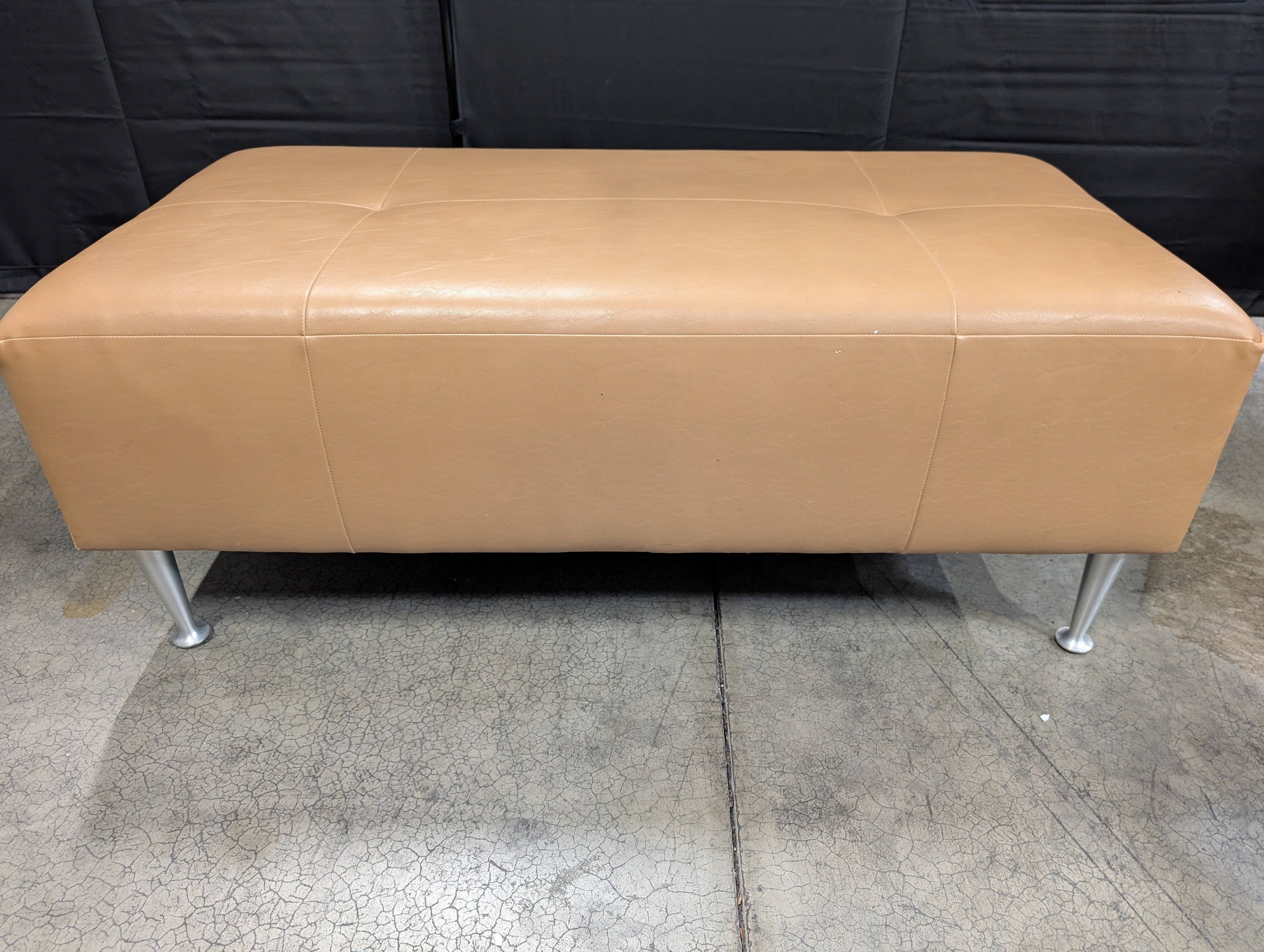 Tan Faux Leather Tufted Rectangular Ottoman Bench with Metal Legs