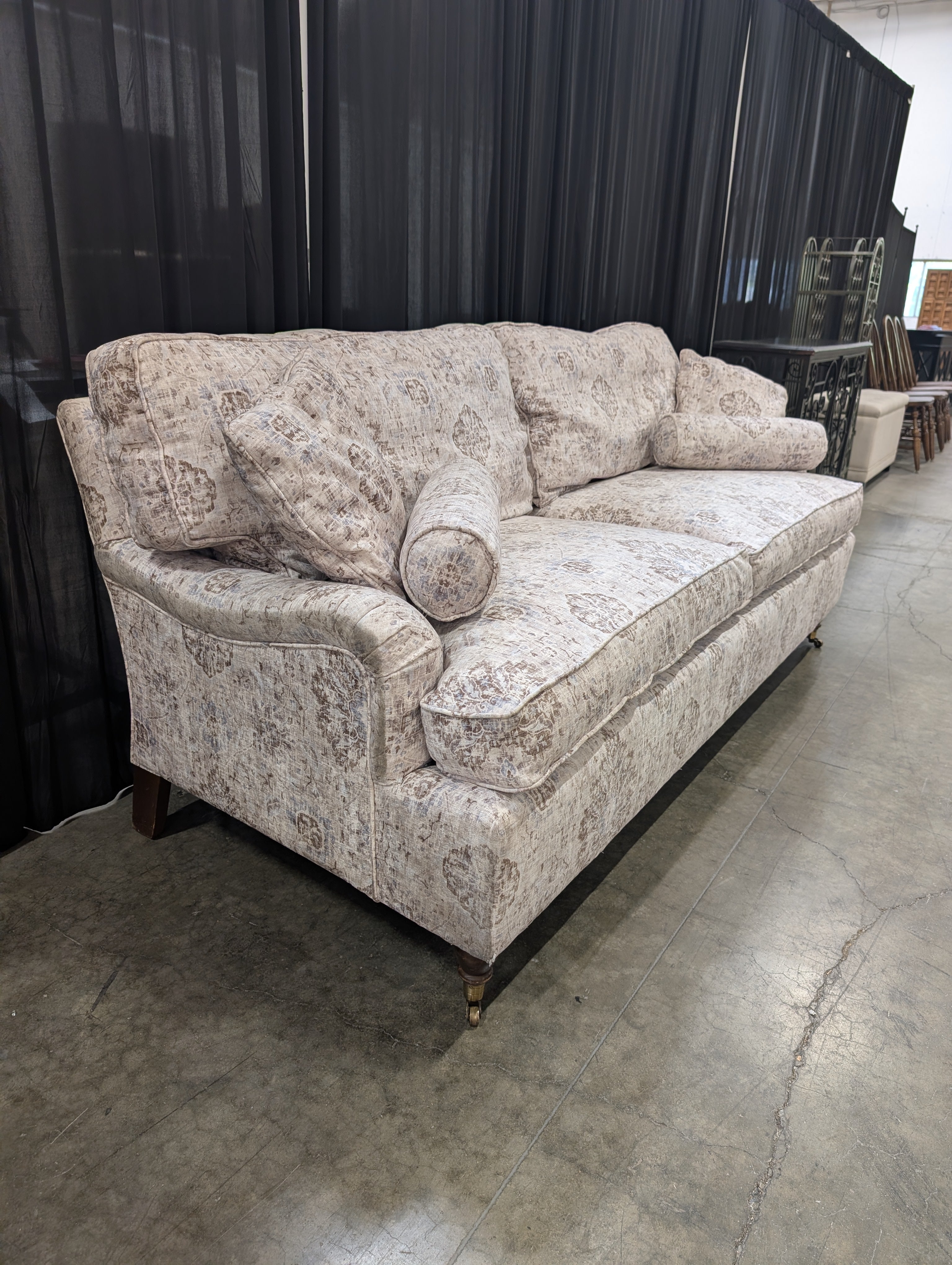 Traditional Patterned Fabric Couch with Rolled Arms
