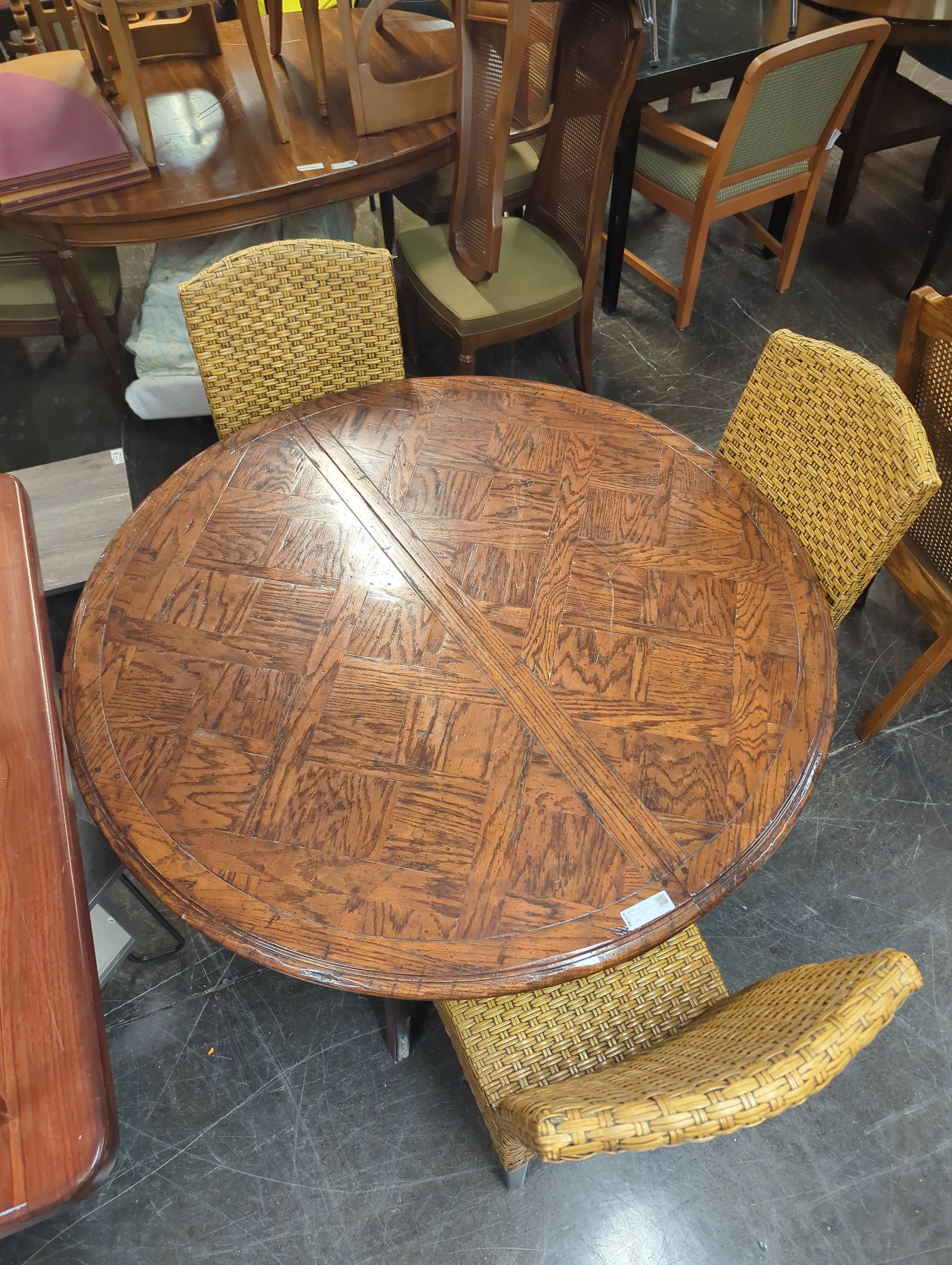 Round Oak Tigerwood Dining Table with Intricate Inlay