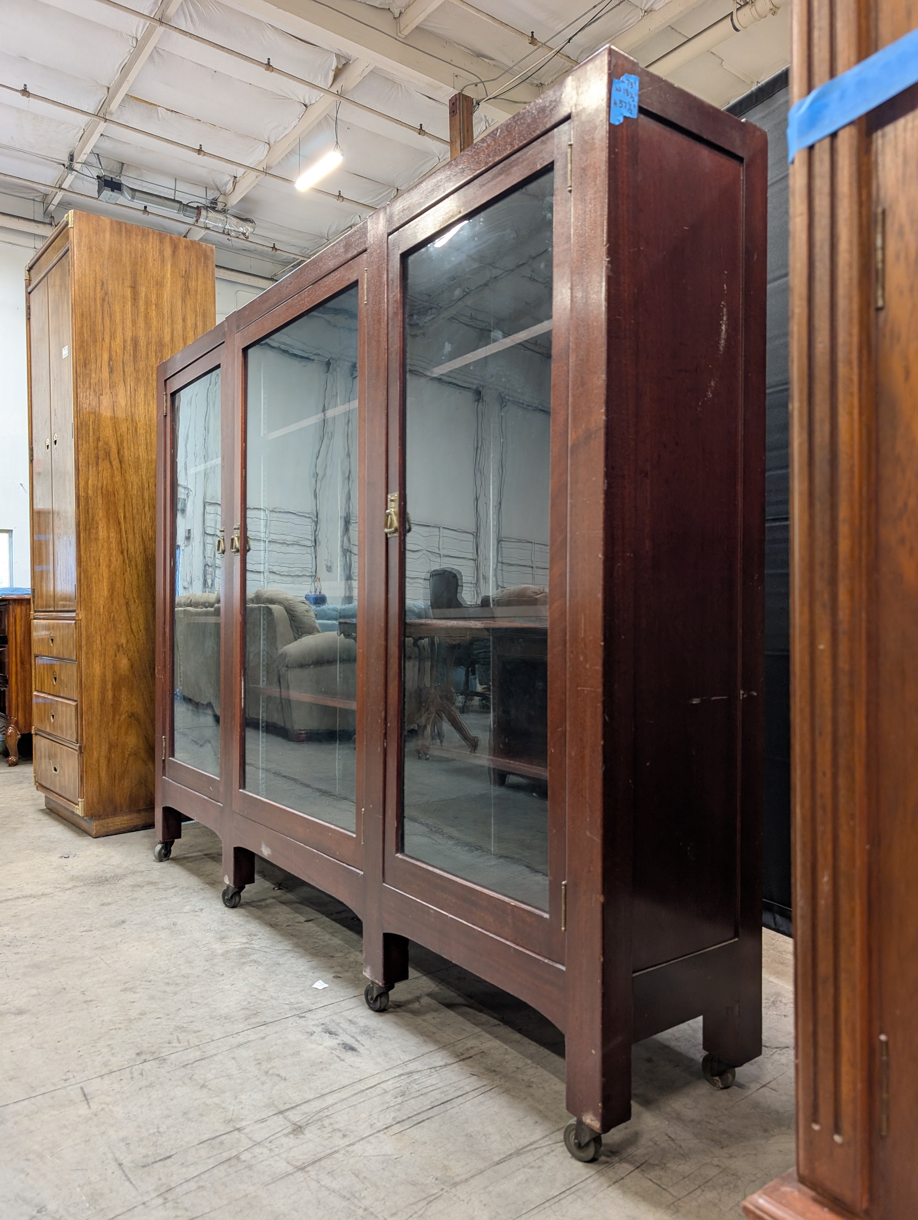 Traditional Dark Wood Triple Glass Door Display Cabinet