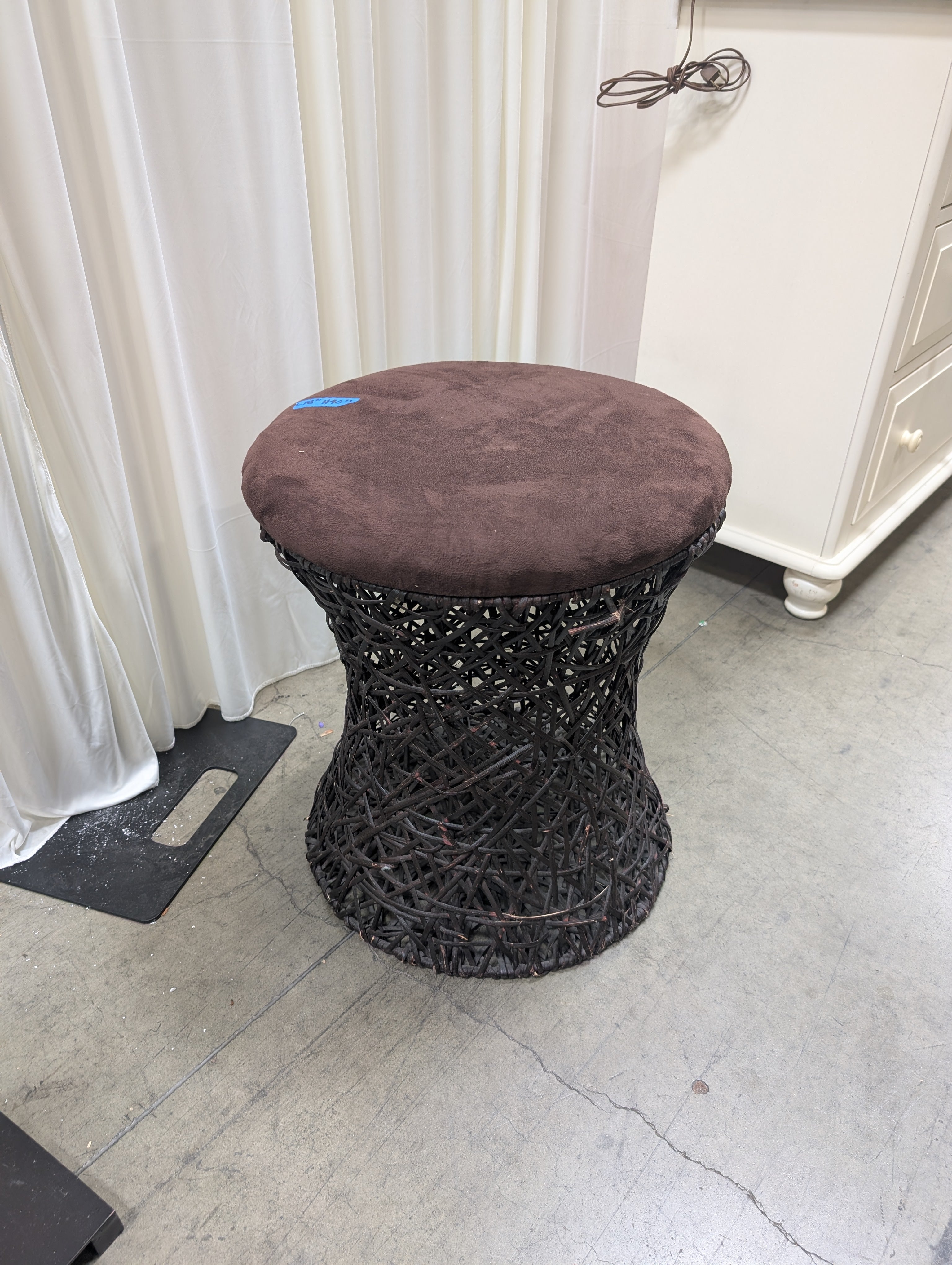 Round Velvet Ottoman with Woven Base