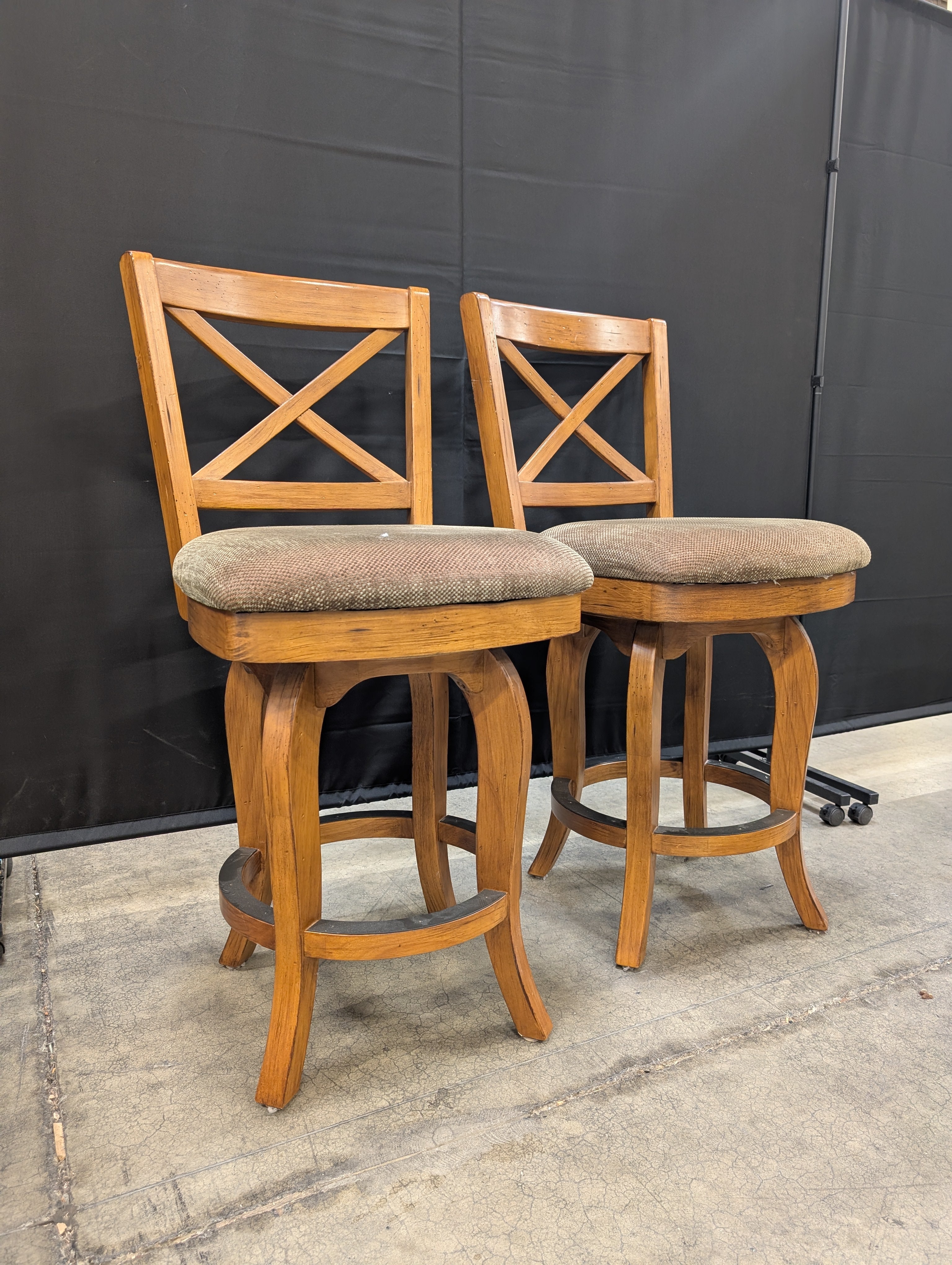 Pair of Wood X-Back Swivel Bar Stools