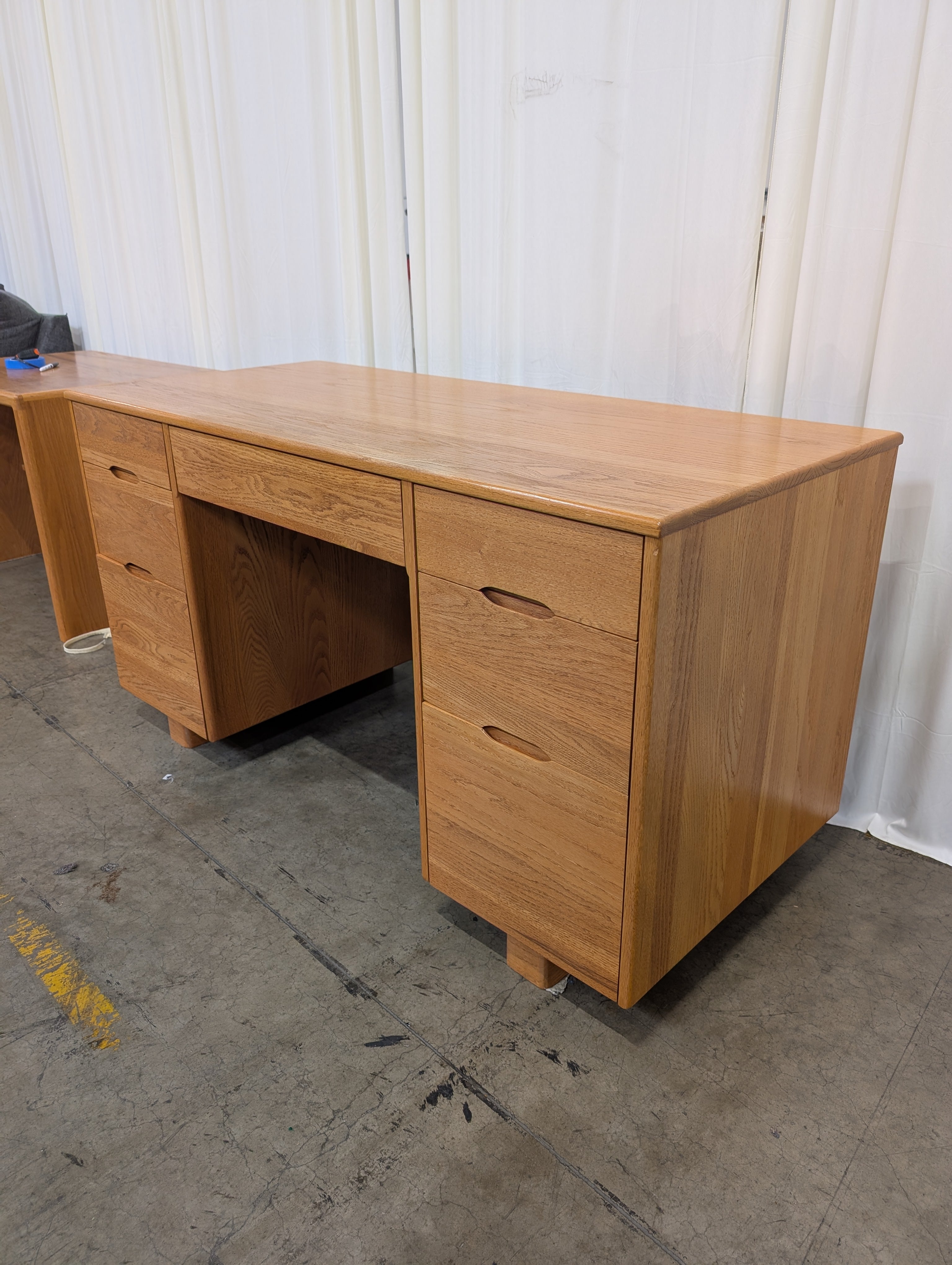 Mid-Century Modern Light Wood Desk with Five Drawers