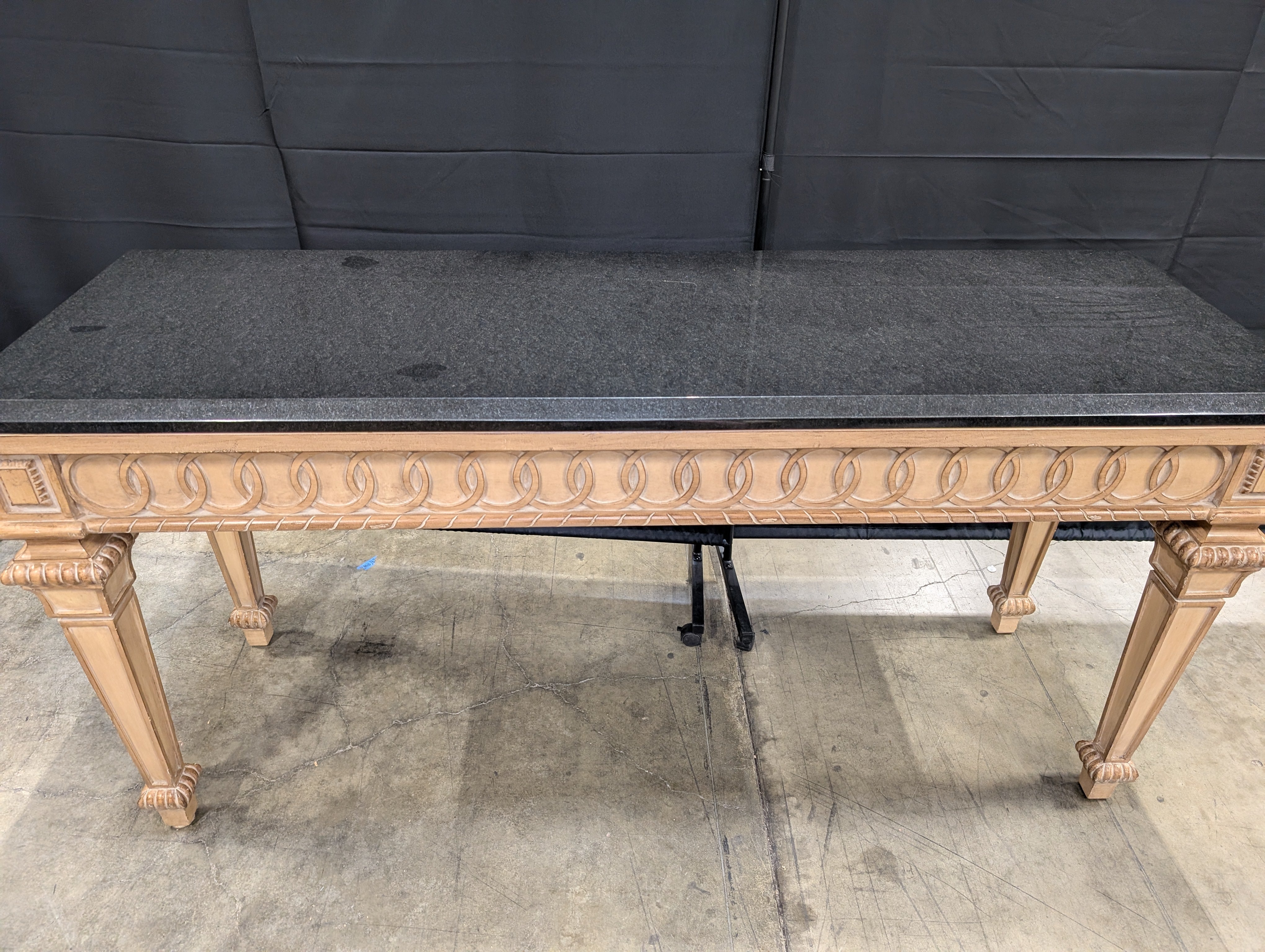 Ornate Carved Wood Console Table with Dark Stone Top
