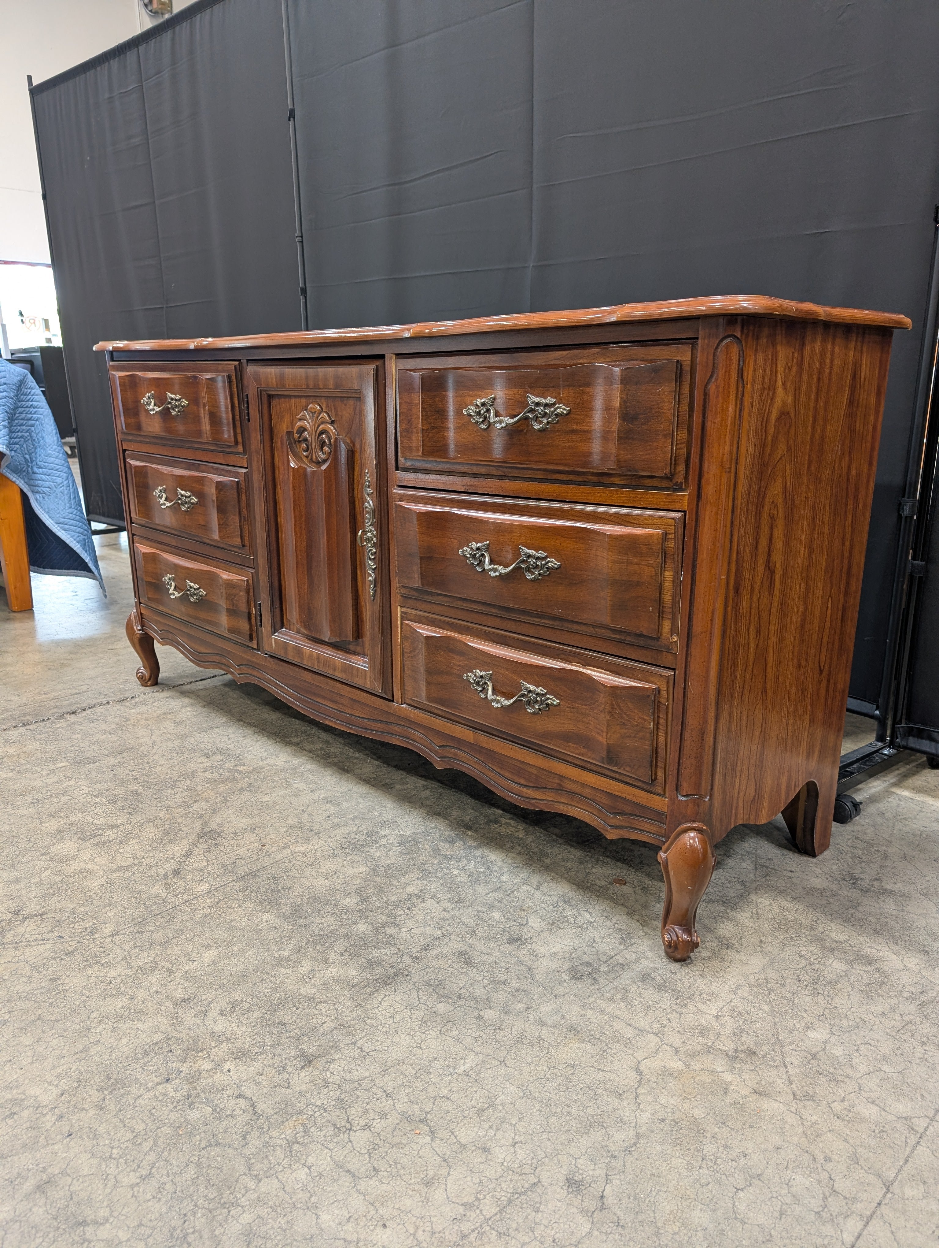 Vintage Rococo Revival Dark Wood Dresser with Ornate Mirror