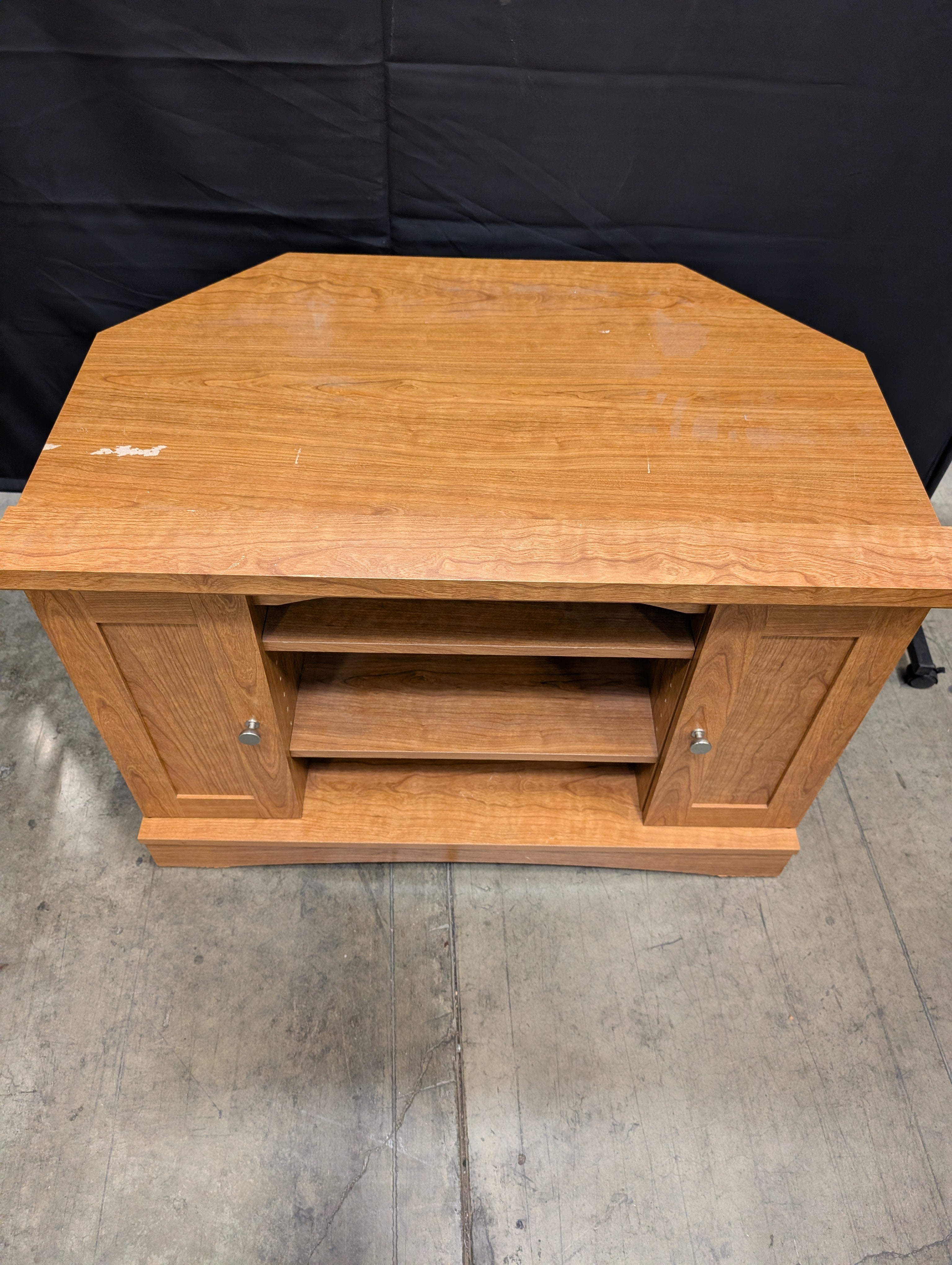 Cherry Toned Wood Media Cabinet with Open Shelving