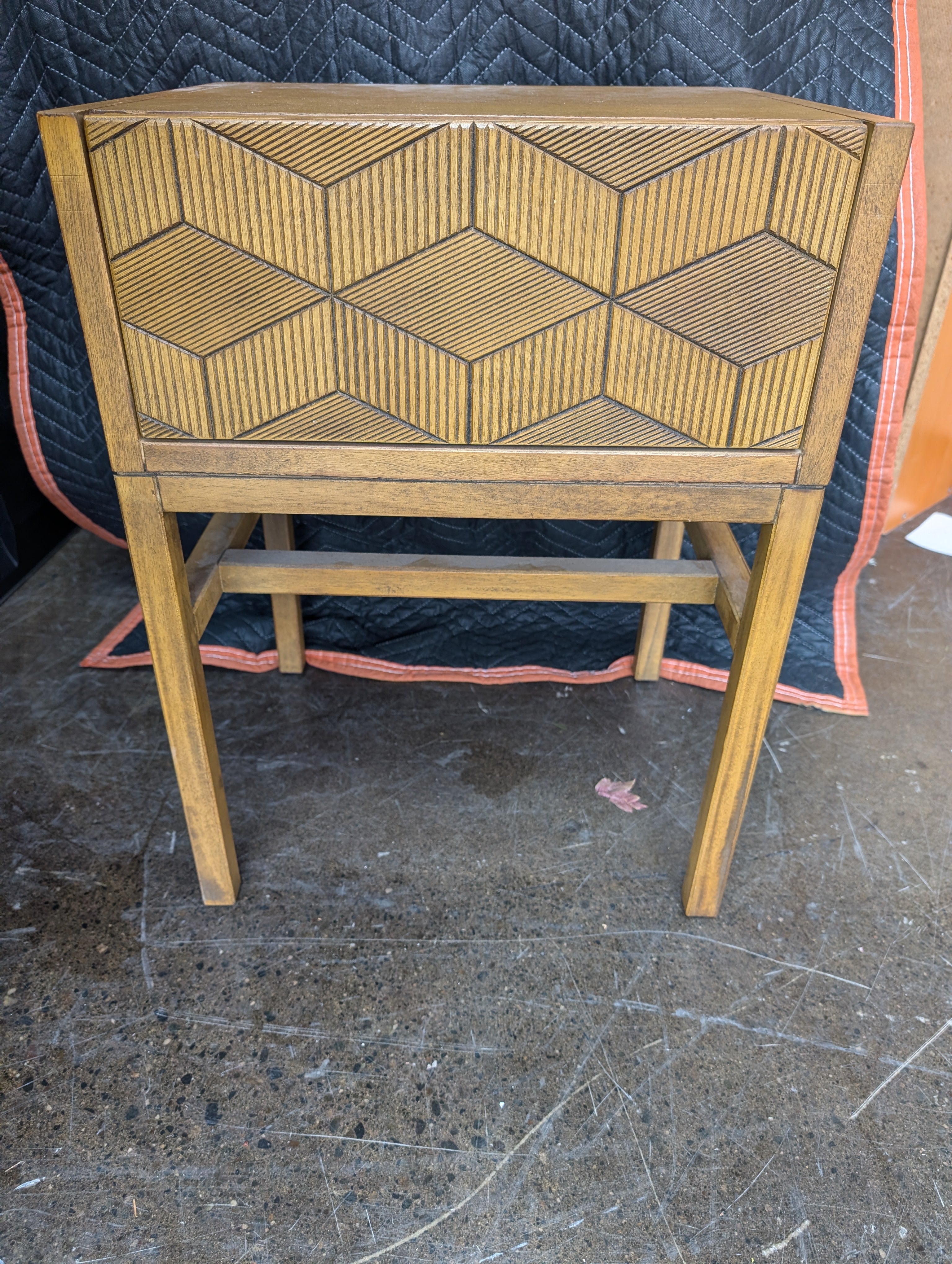 Vintage Wood Side Table with Geometric Drawer Front