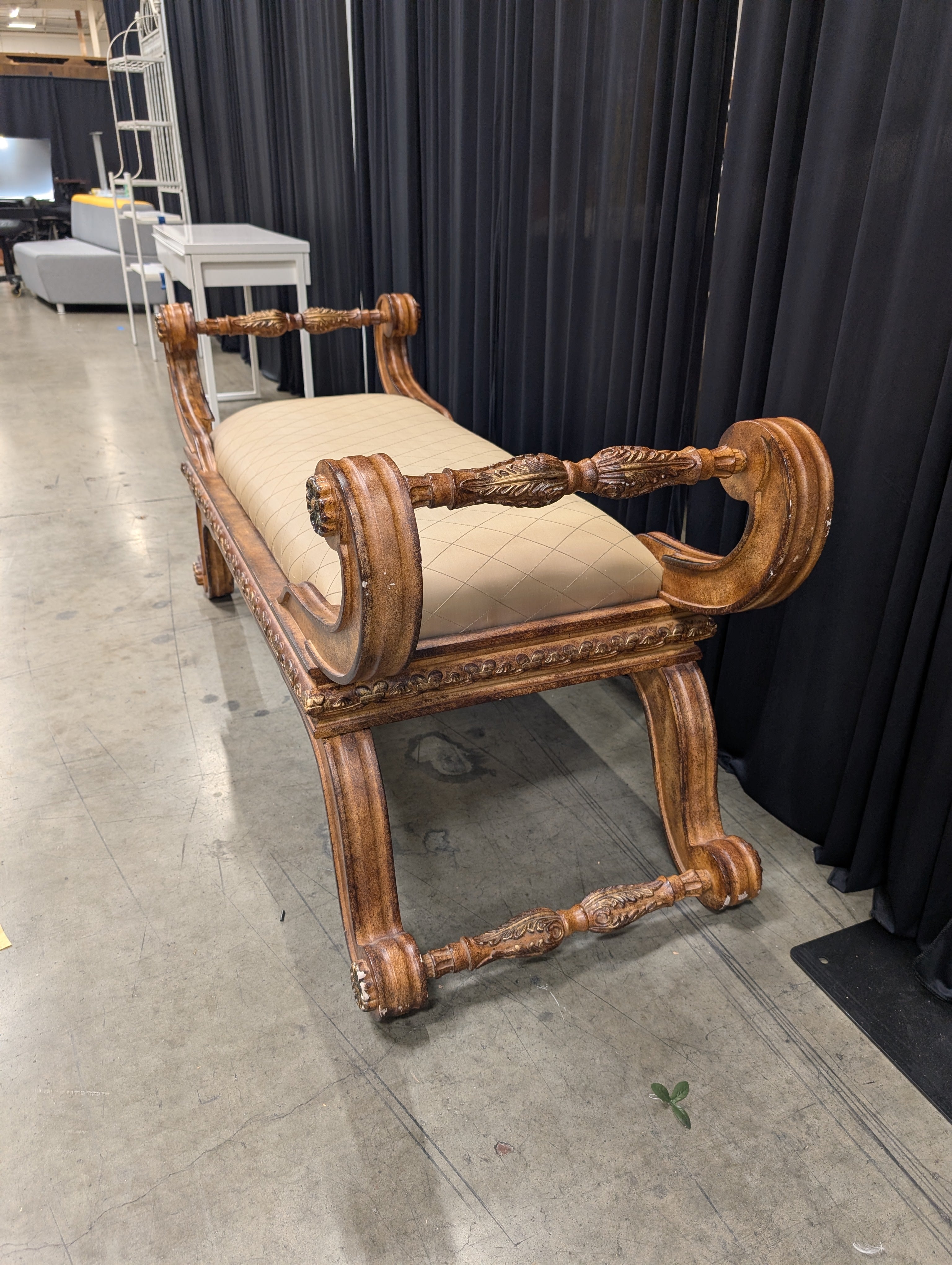 Ornate Carved Wood Chaise Lounge with Fringe Trim