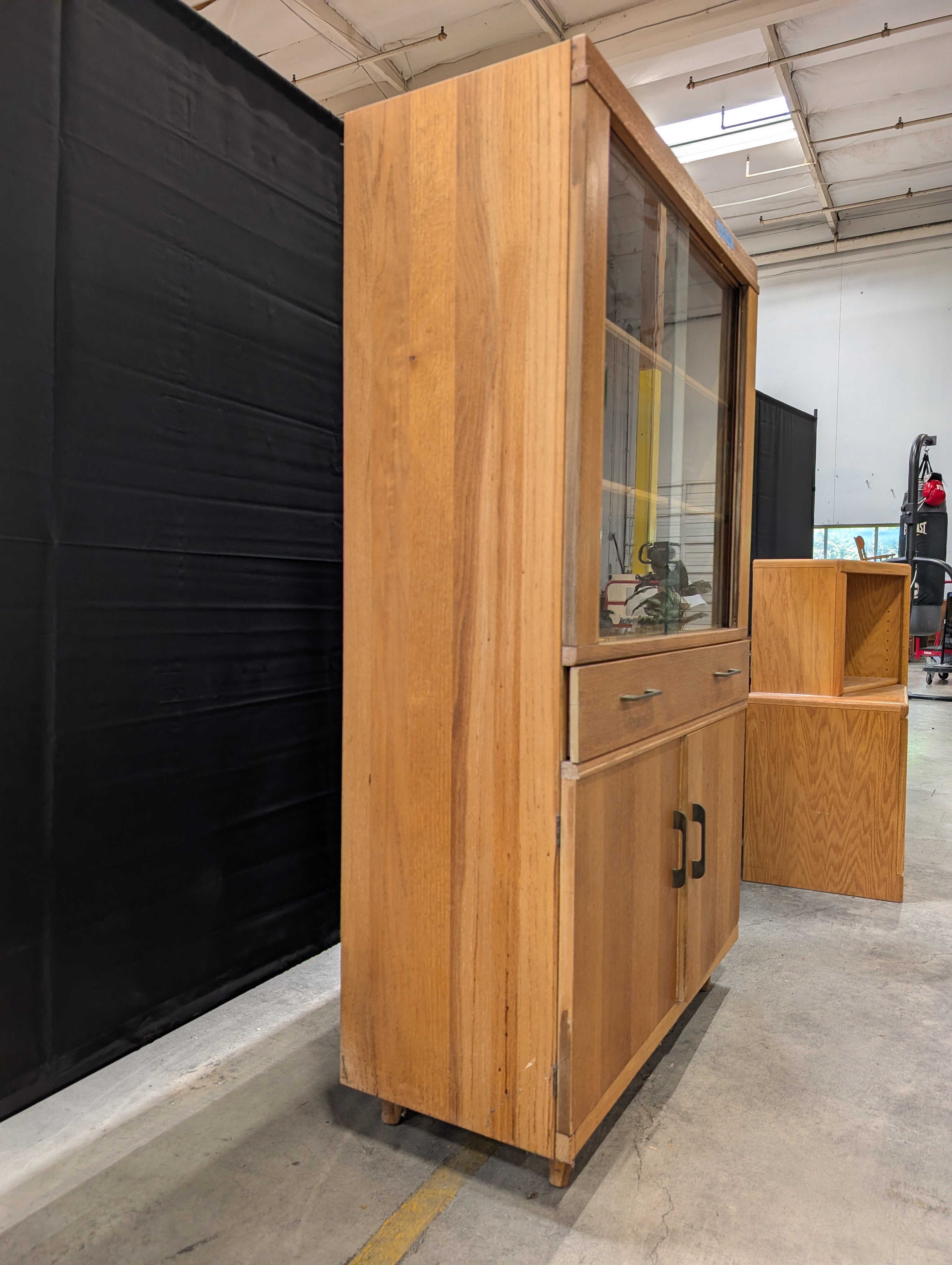 Vintage Oak China Cabinet with Sliding Glass Doors