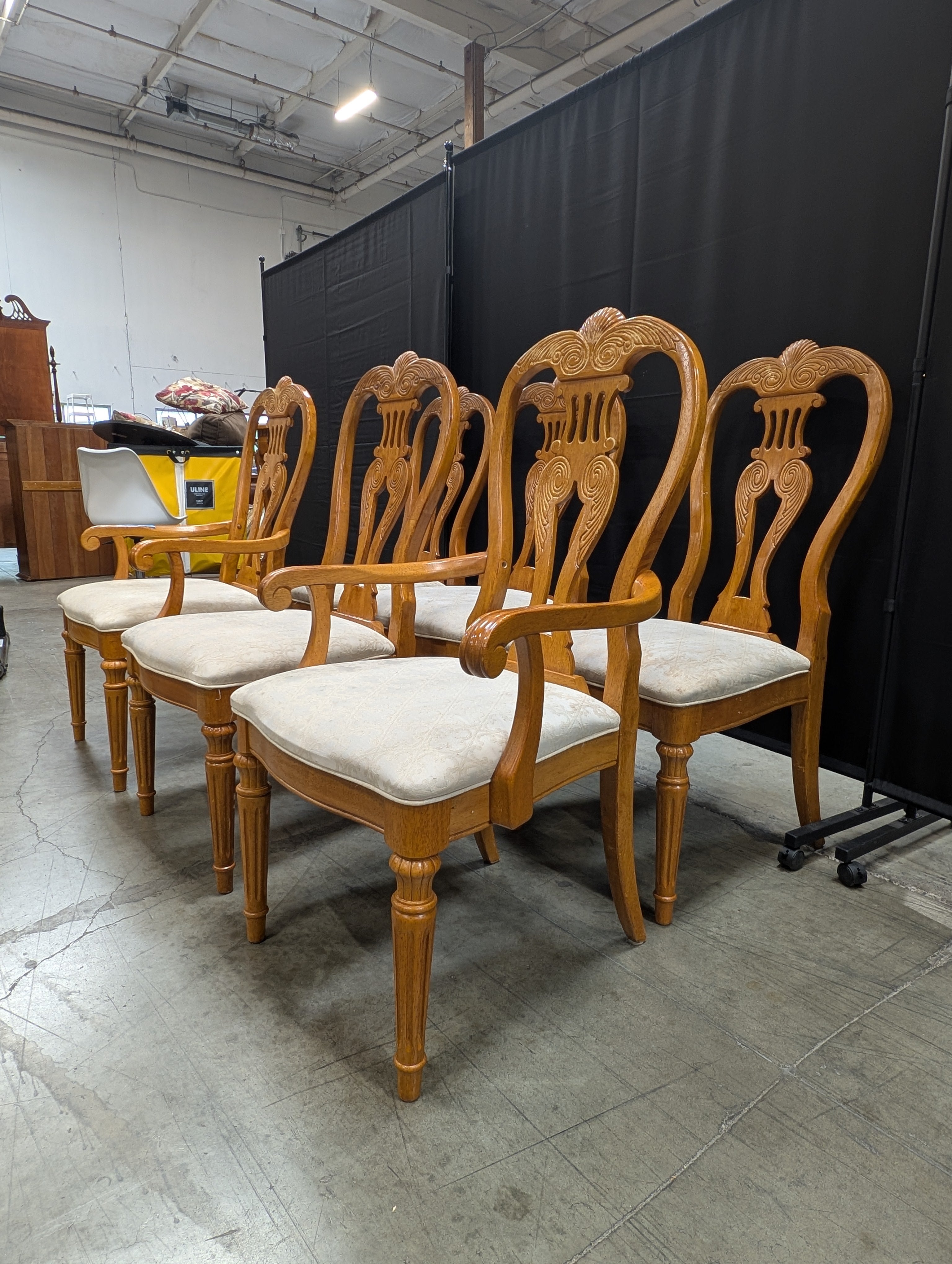 Set of Six Ornate Carved Wood Accent Chair with Upholstered Seat