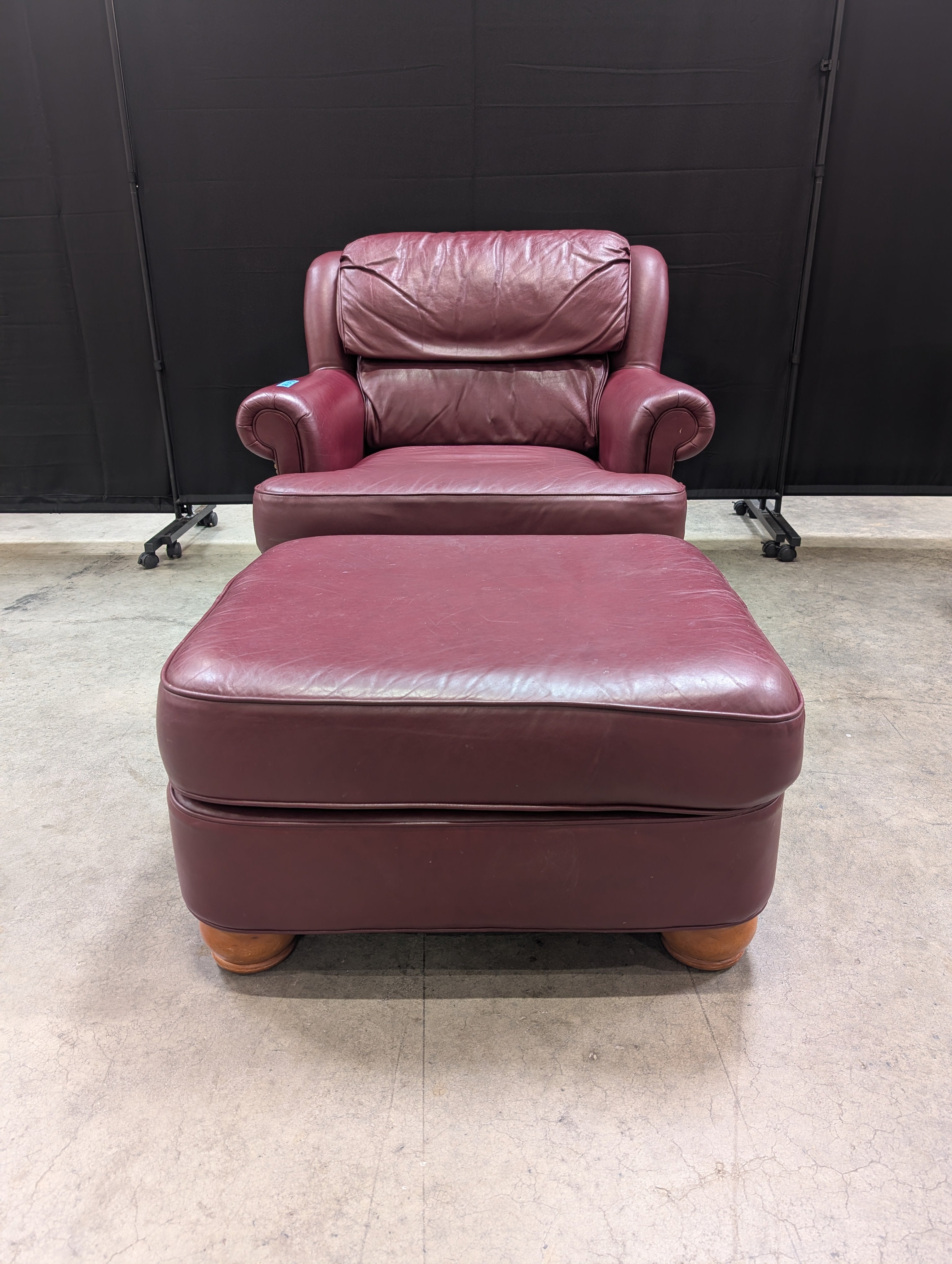 Deep Red Thomasville Leather Club Chair and Ottoman Set
