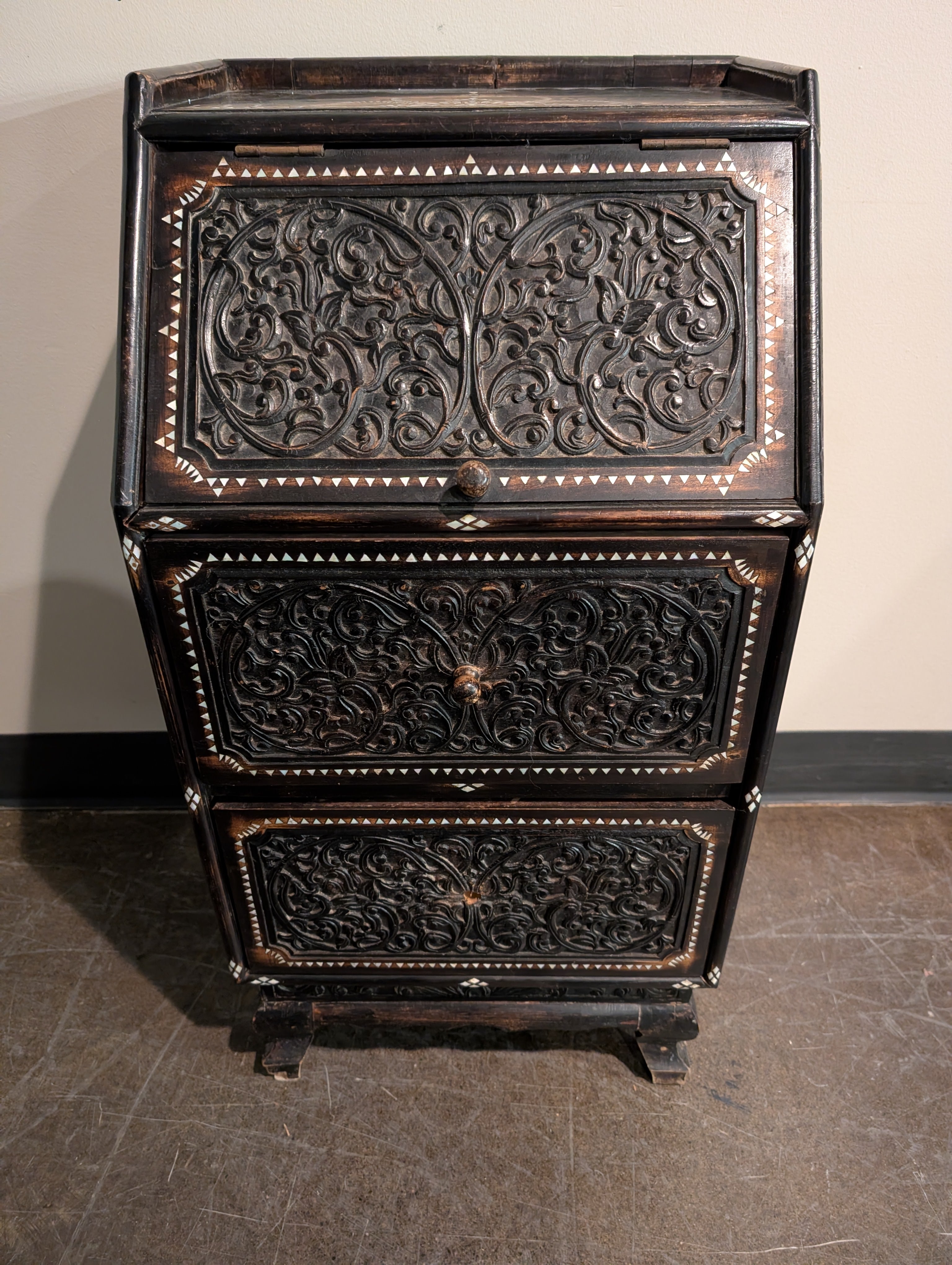 Intricate Carved Dark Wood Inlay Secretary Desk