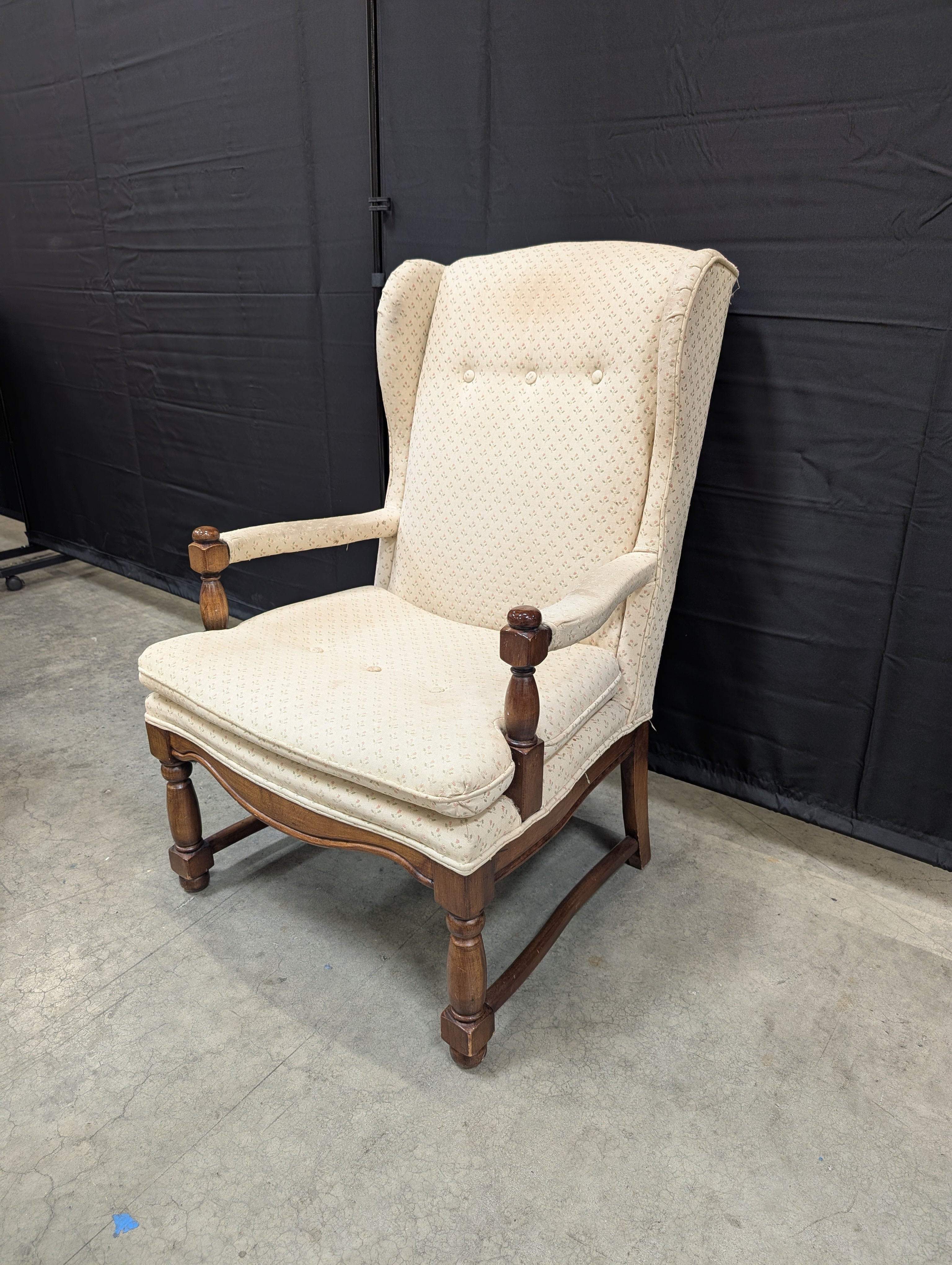 Patterned Beige Fabric Wingback Chair