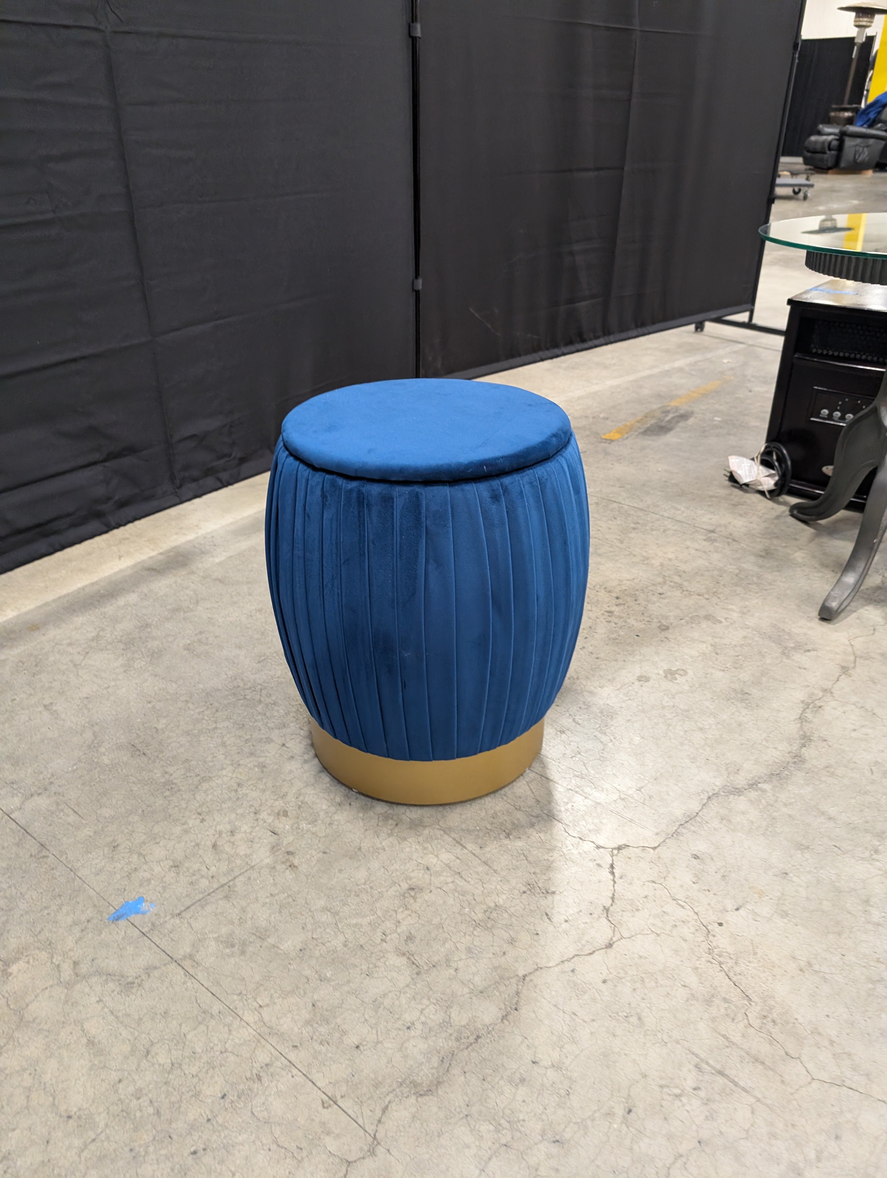 Plush Blue Velvet Pleated Storage Ottoman with Gold Base