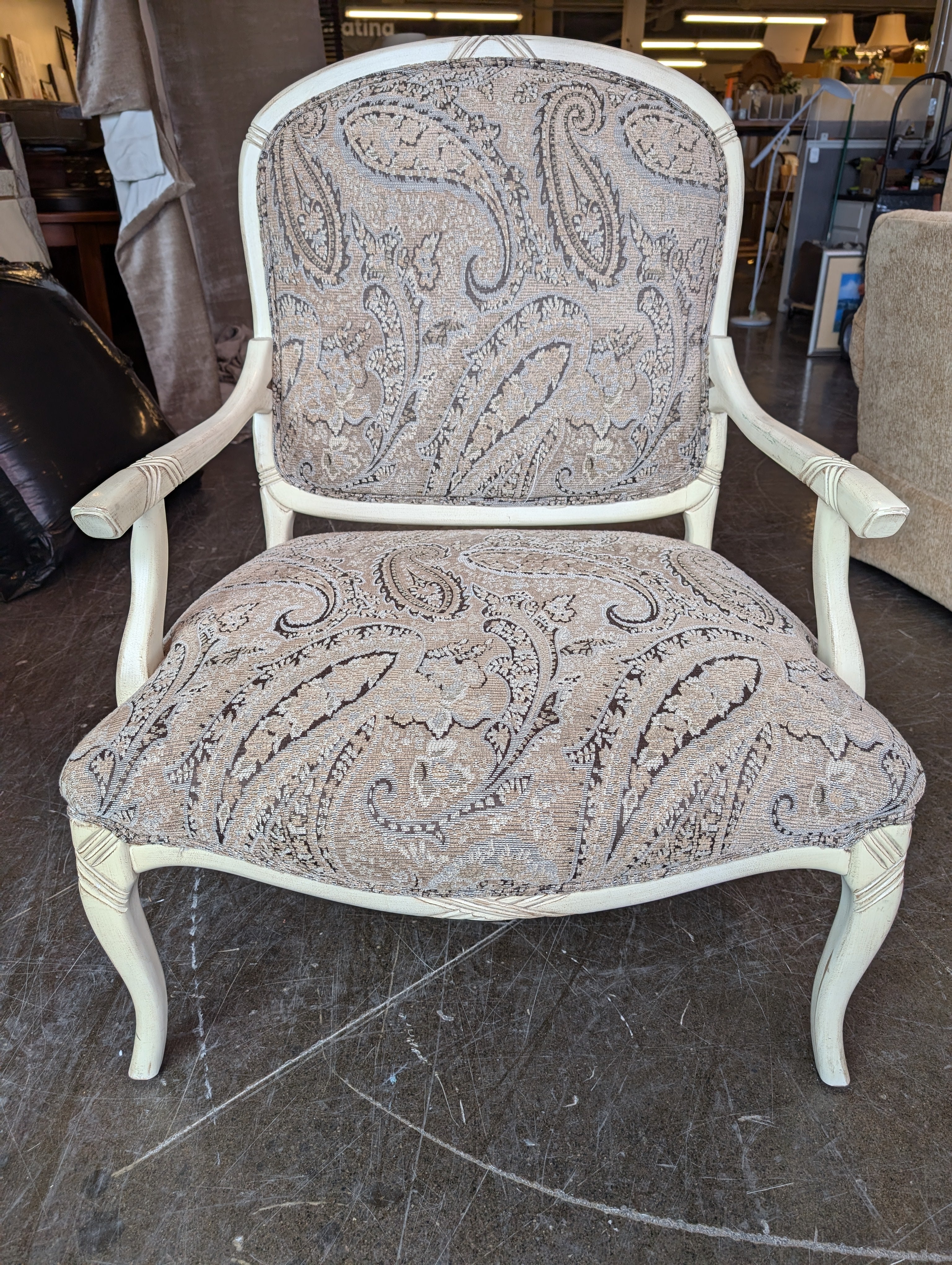 Vintage Style Cream Wood Frame Accent Chair with Paisley Upholstery