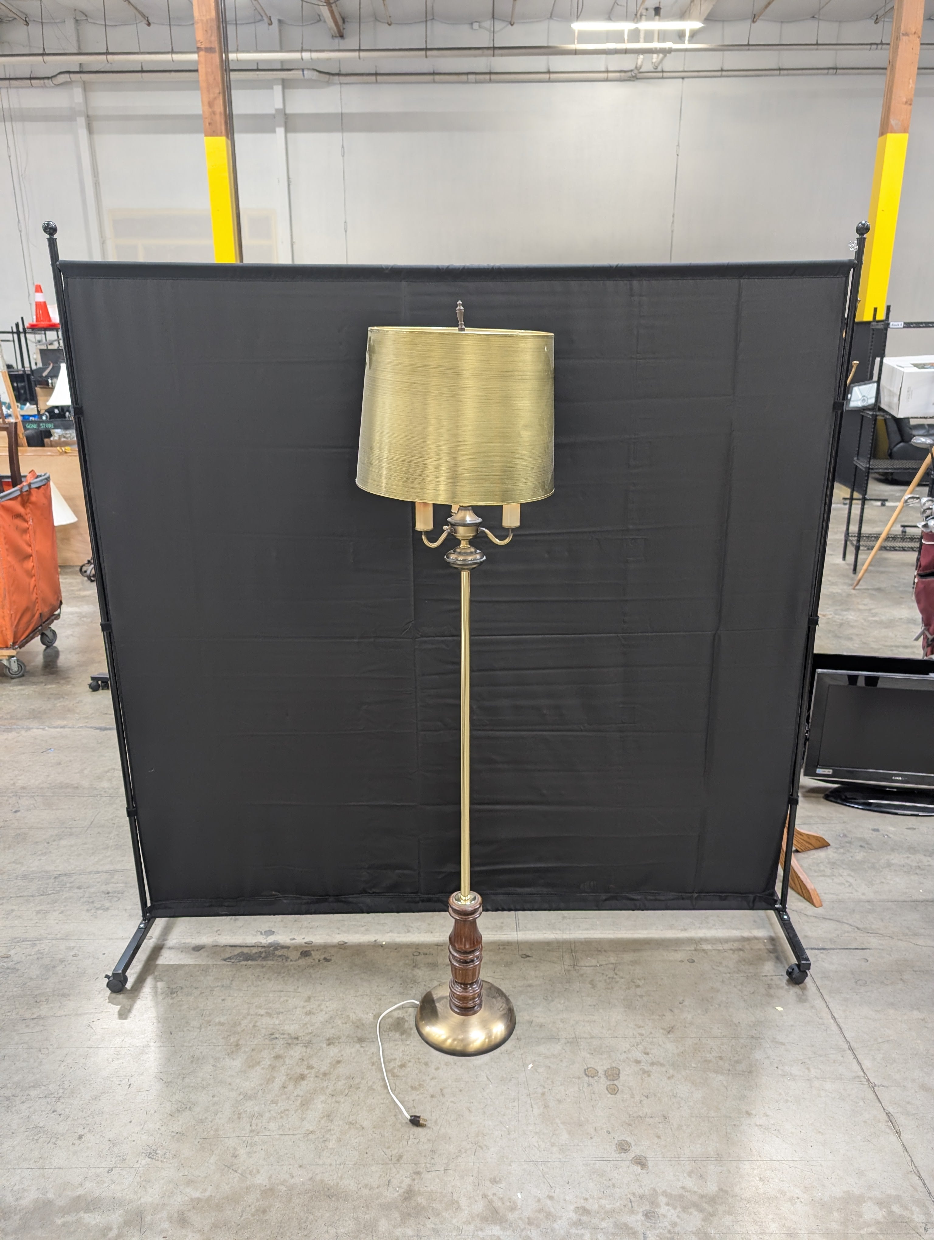 Vintage Style Brass Tone Floor Lamp with Turned Wood Accent