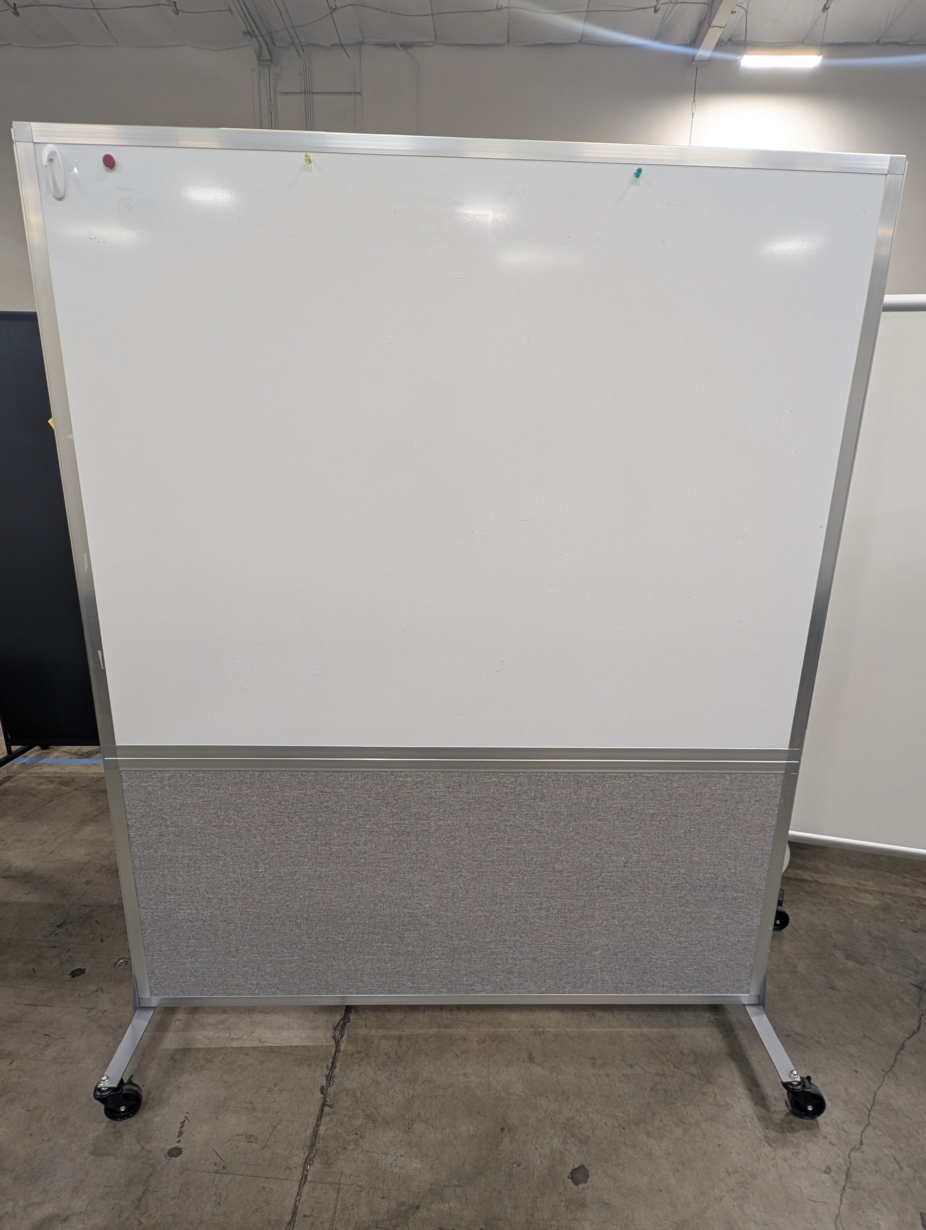 Rolling Office Partition with Whiteboard and Grey Fabric Panel