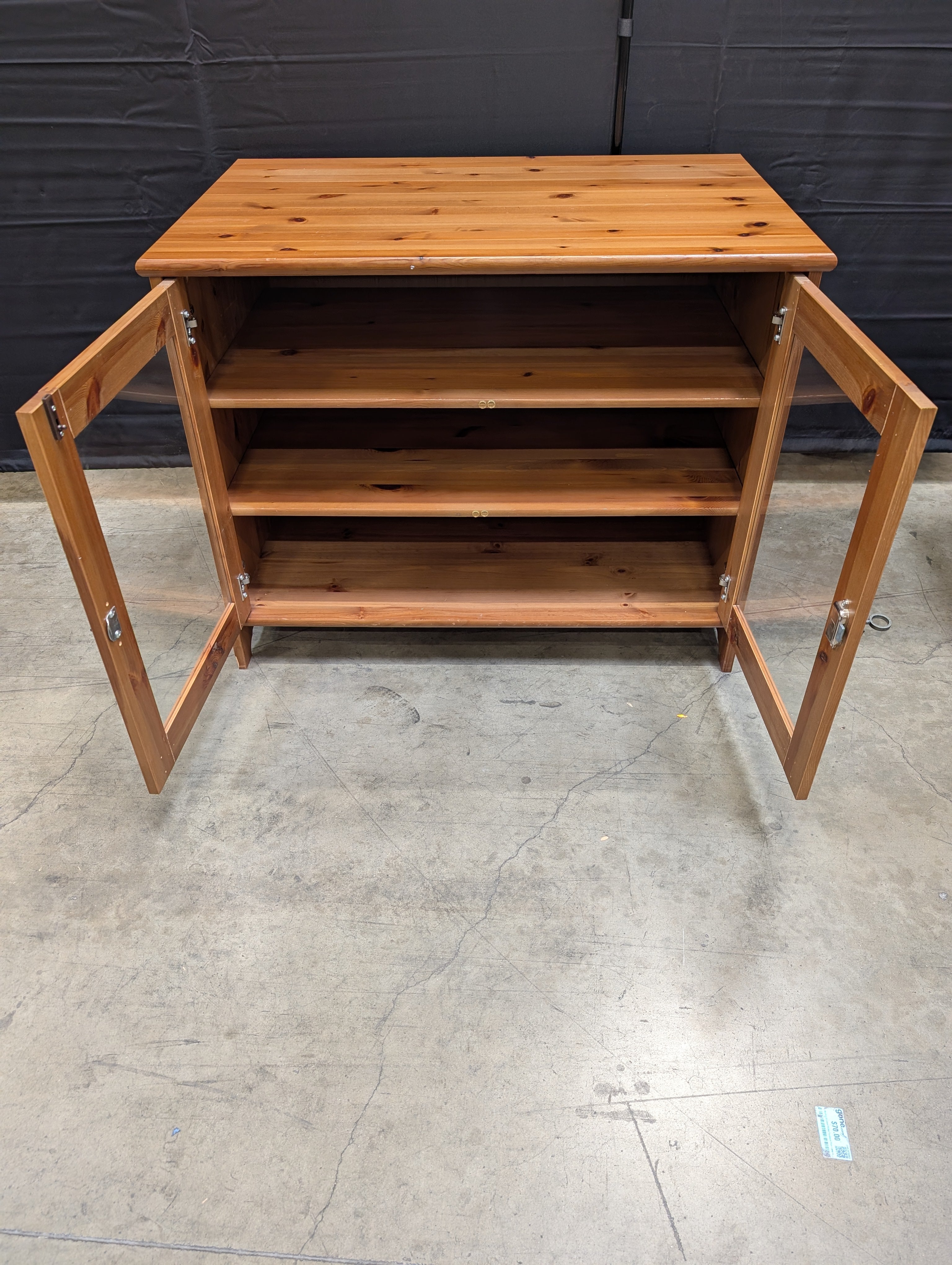 Rustic Pine Finish Display Cabinet with Glass Doors