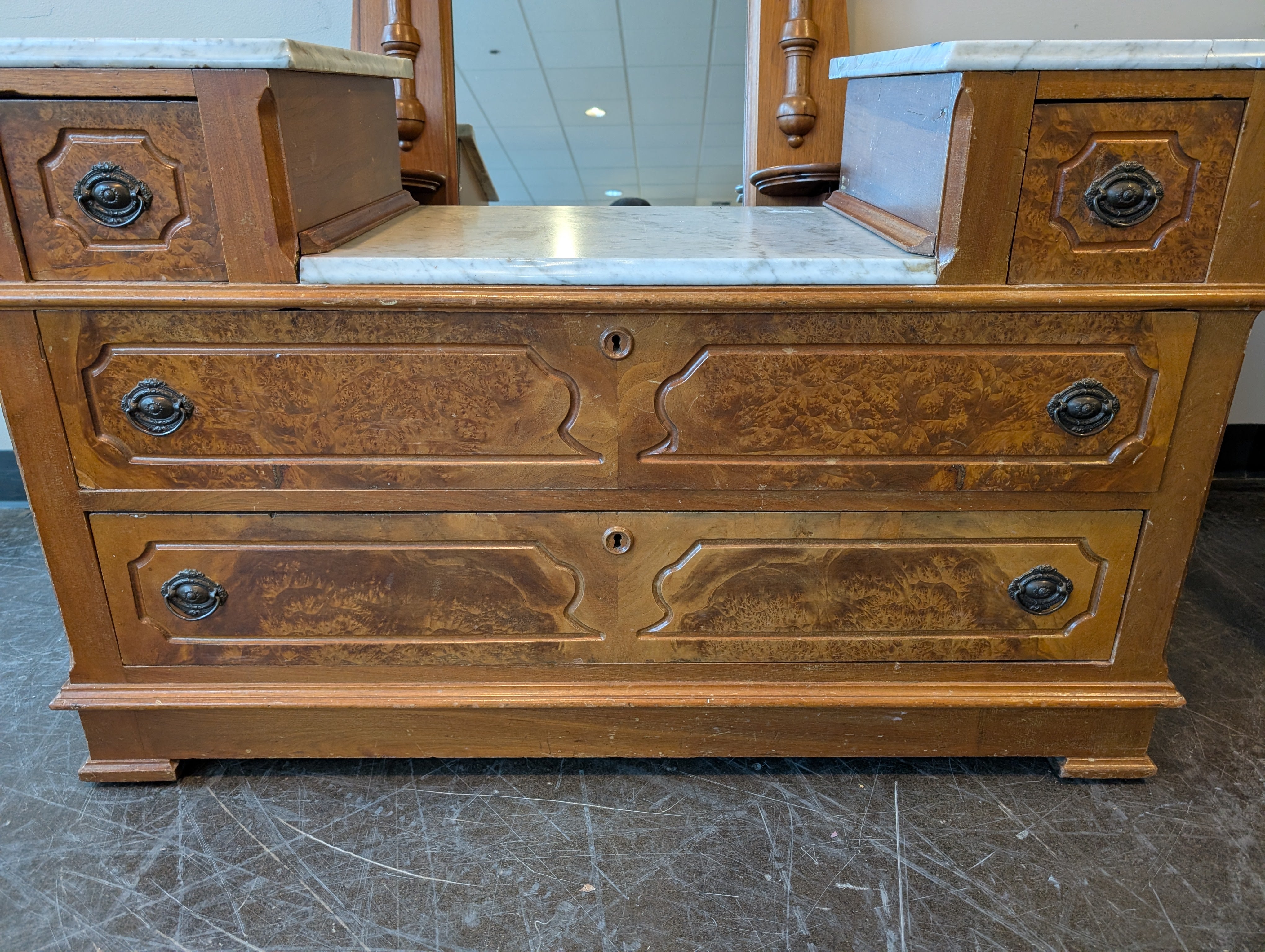 Antique Wood Five-Drawer Dresser with Marble Tops