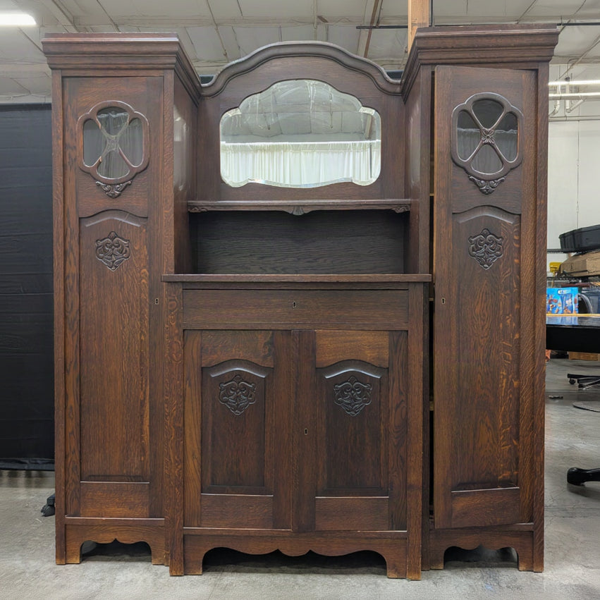 Carved Dark Wood China Cabinet with Mirror