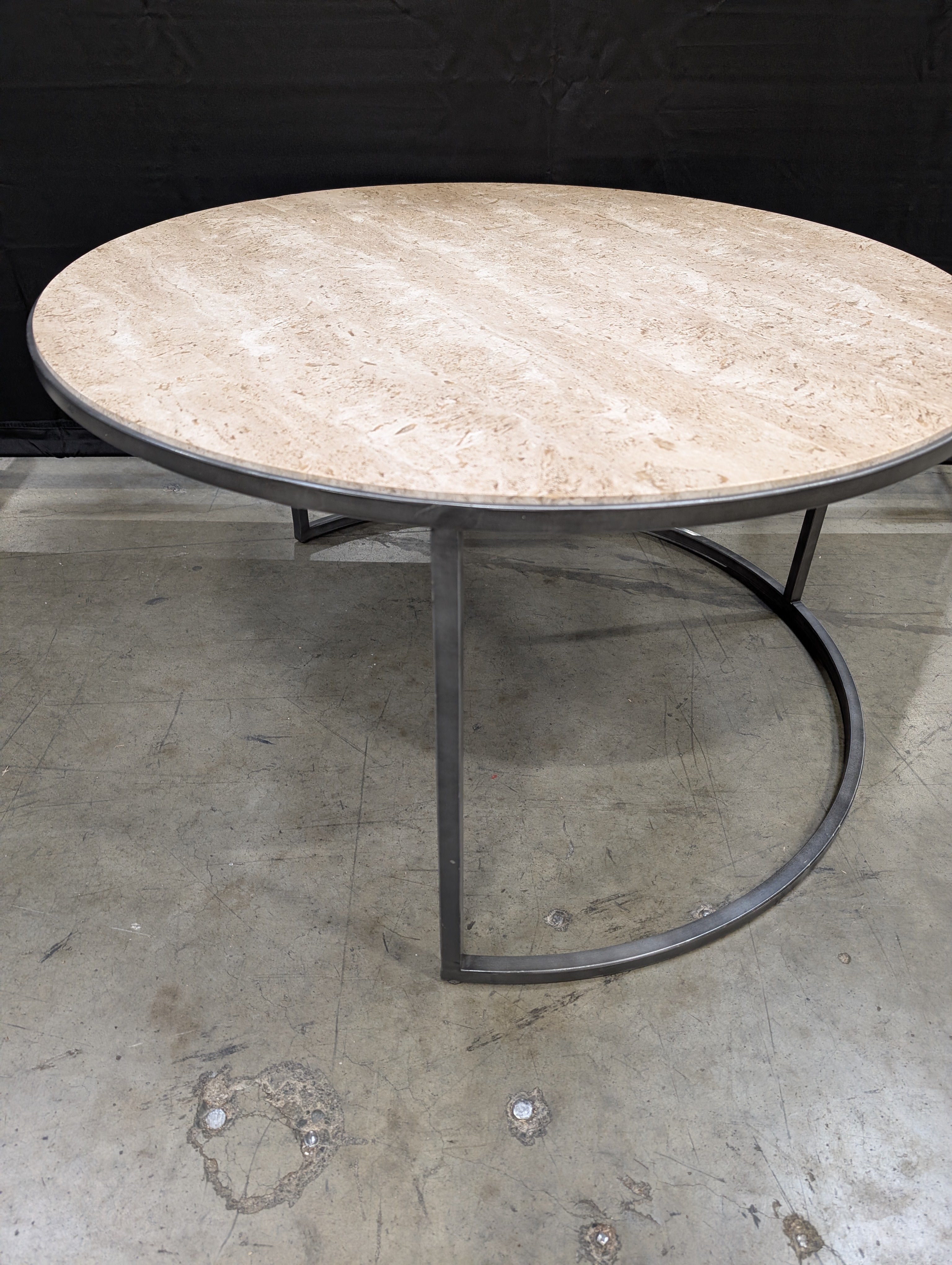 Modern Oval Stone Top Coffee Table with Dark Metal Base
