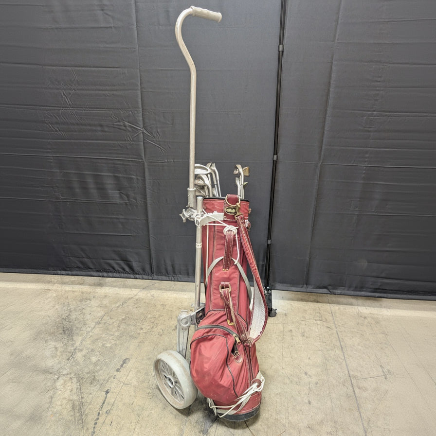 Set of Eleven Golf Clubs with Red Cart Bag and Push Cart