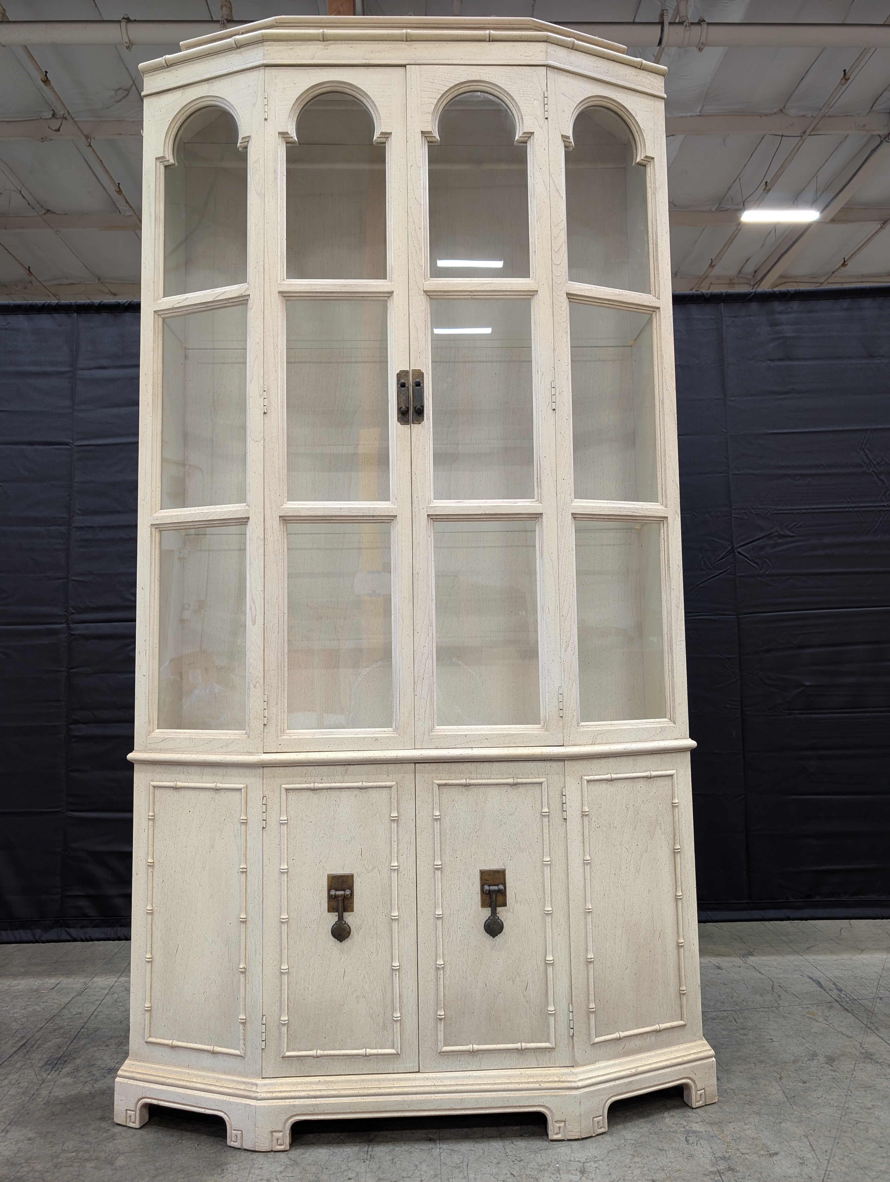 Distressed White Wood Display Hutch with Arched Glass Doors