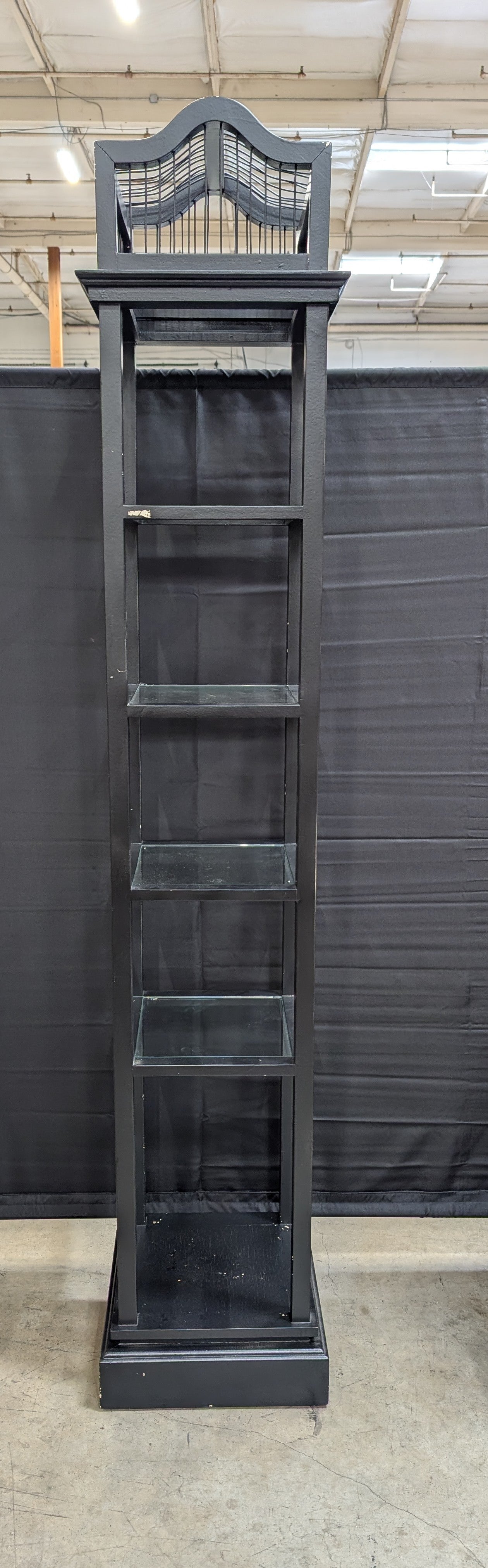 Slim Black Display Shelf Unit with Decorative Finial Top and Molded Base