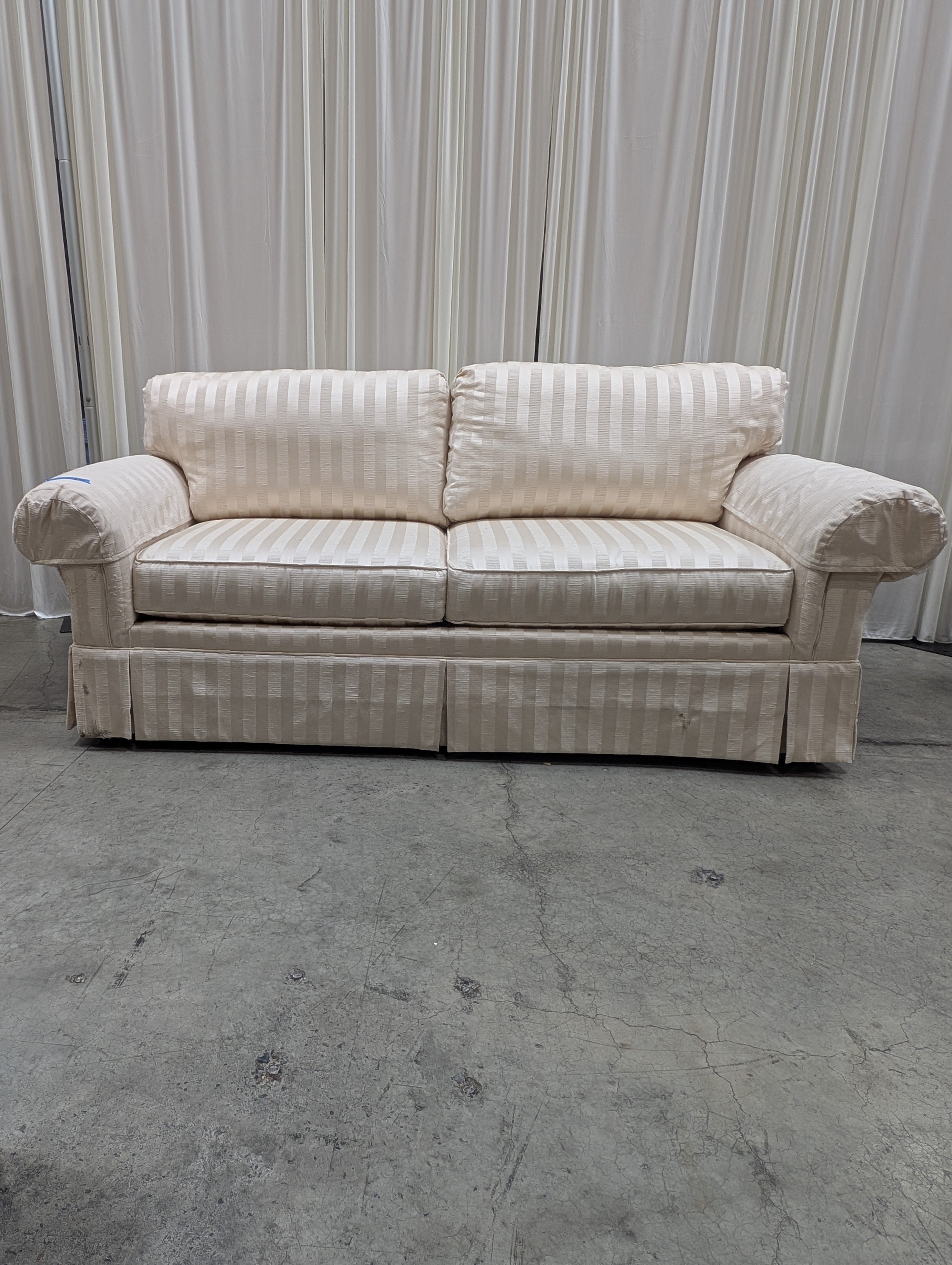 Woodmark Cream Striped Couch with Rolled Arms