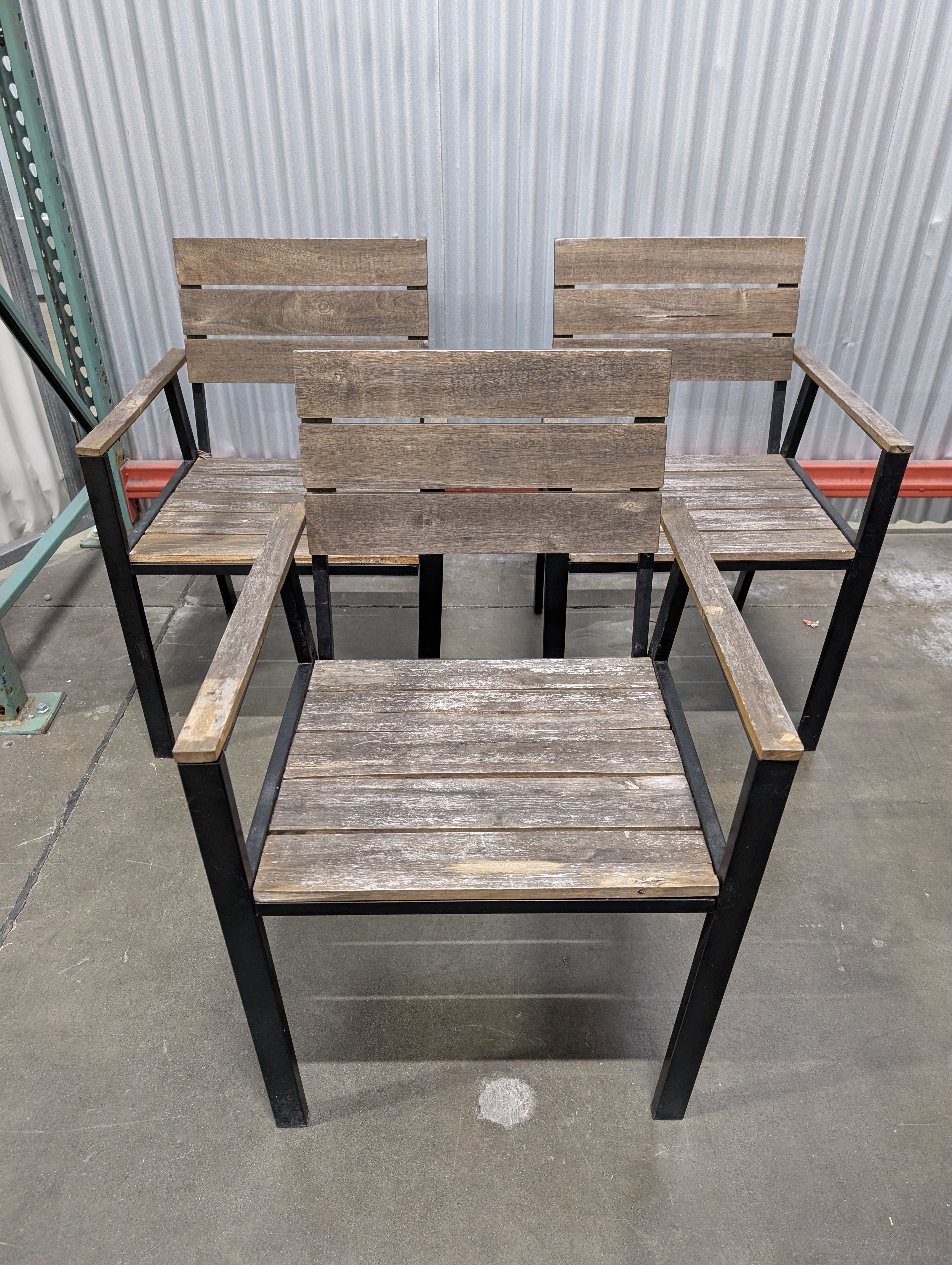 Set of Three Rustic Hardwood Outdoor Chair with Black Metal Frame