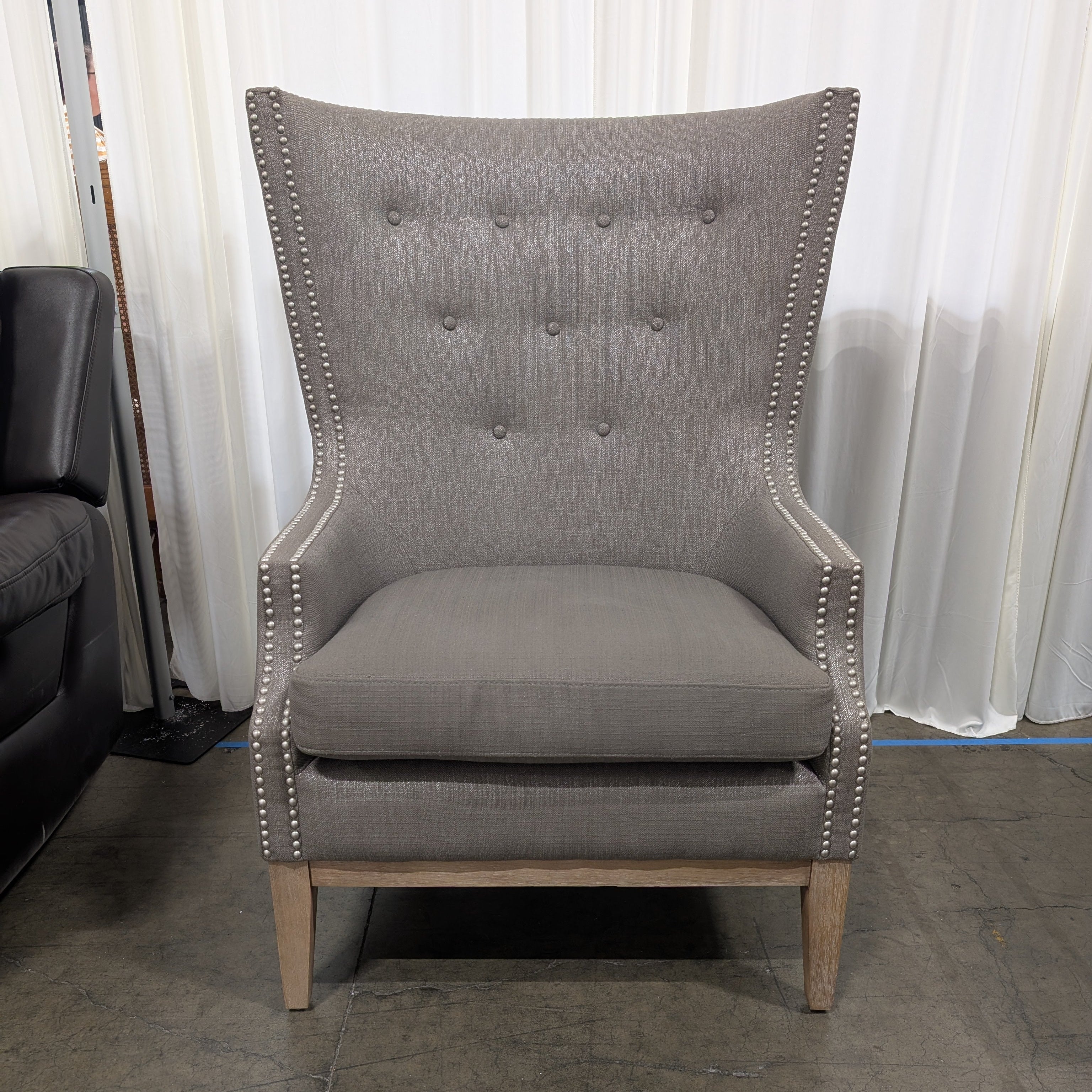 Grey Tufted Wingback Chair with Nailhead Trim
