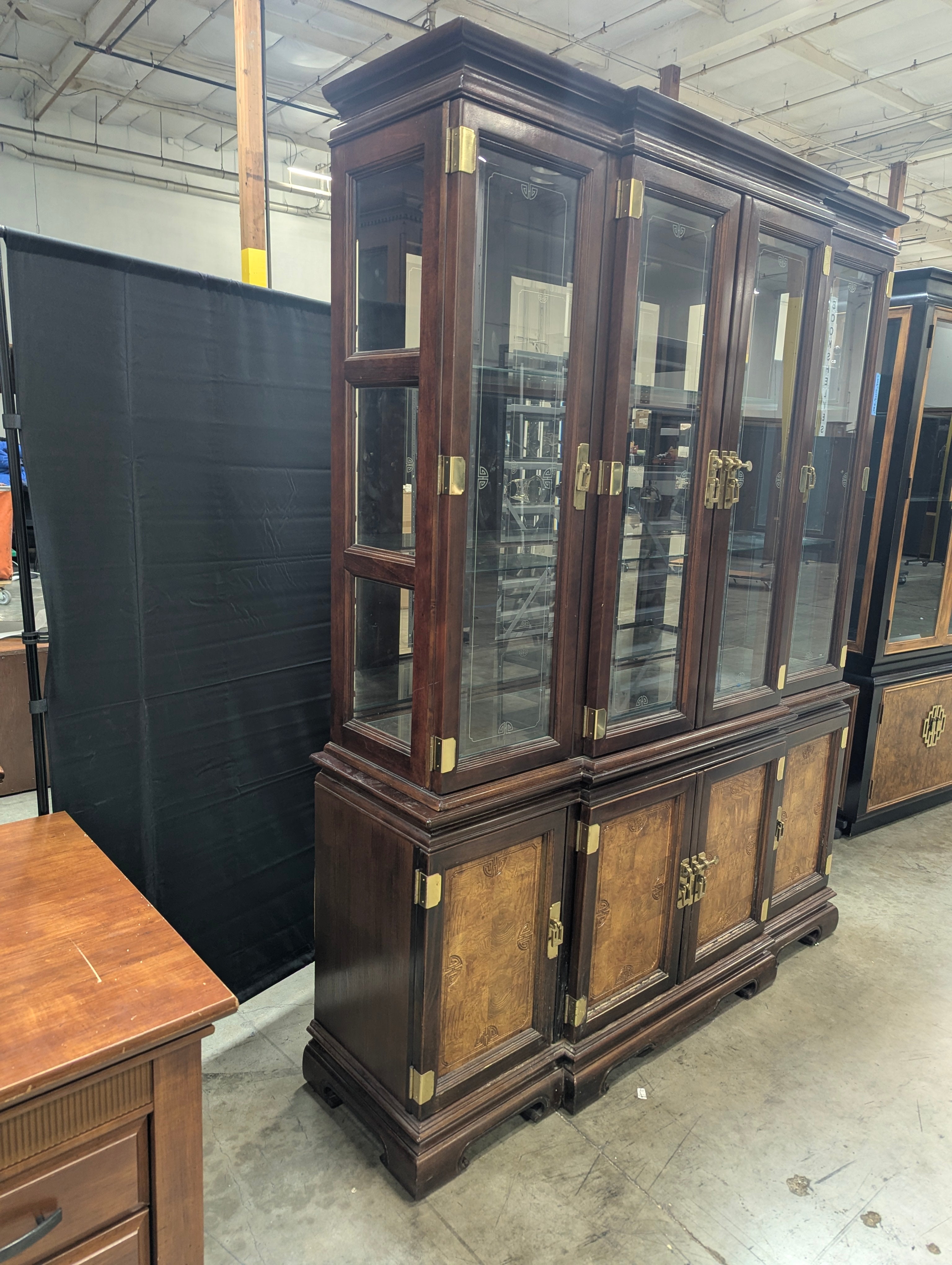 Dark Wood Glass Display Cabinet with Burl Wood Panels