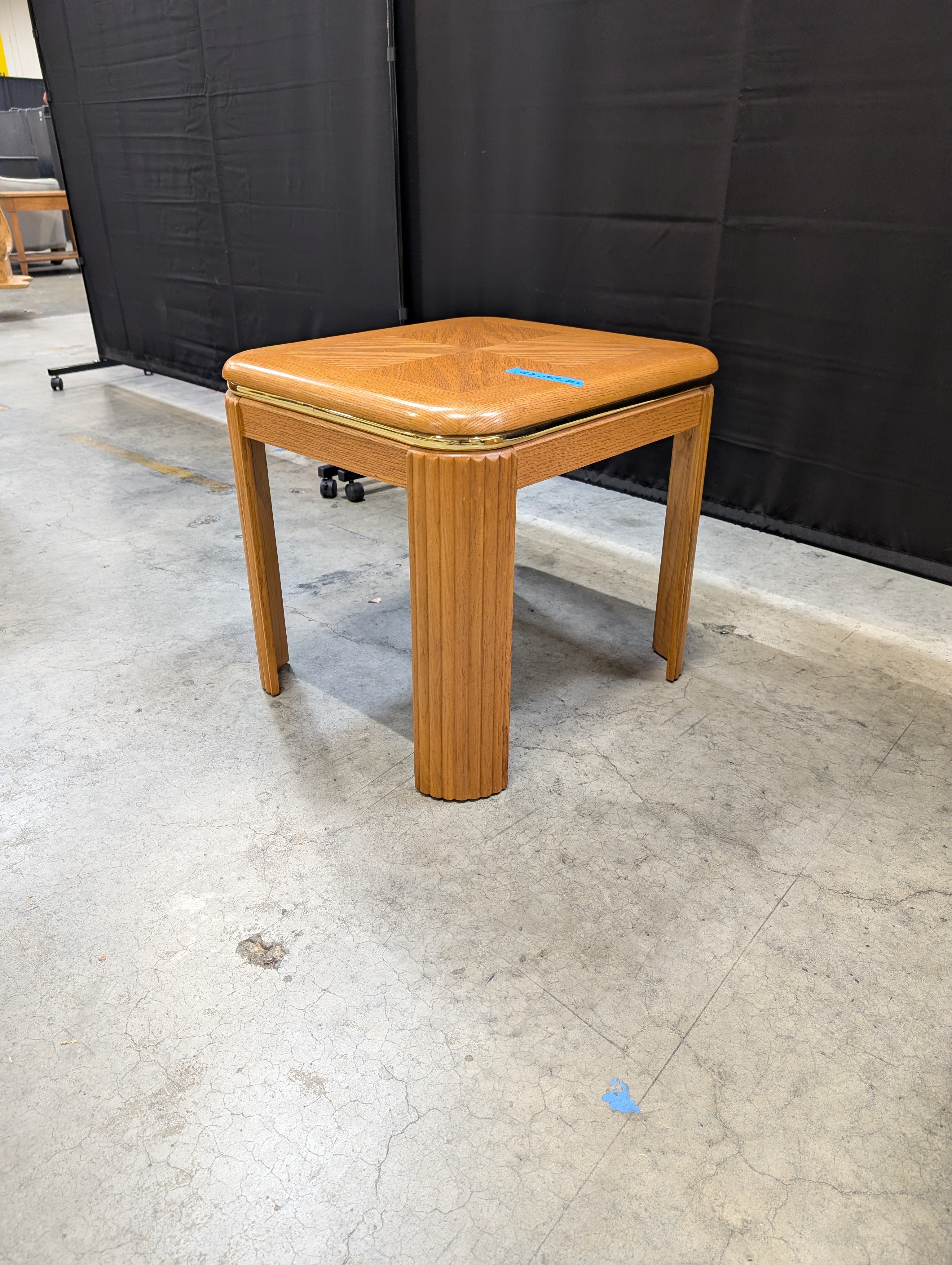 Vintage Light Wood Parquet Top End Table with Fluted Legs
