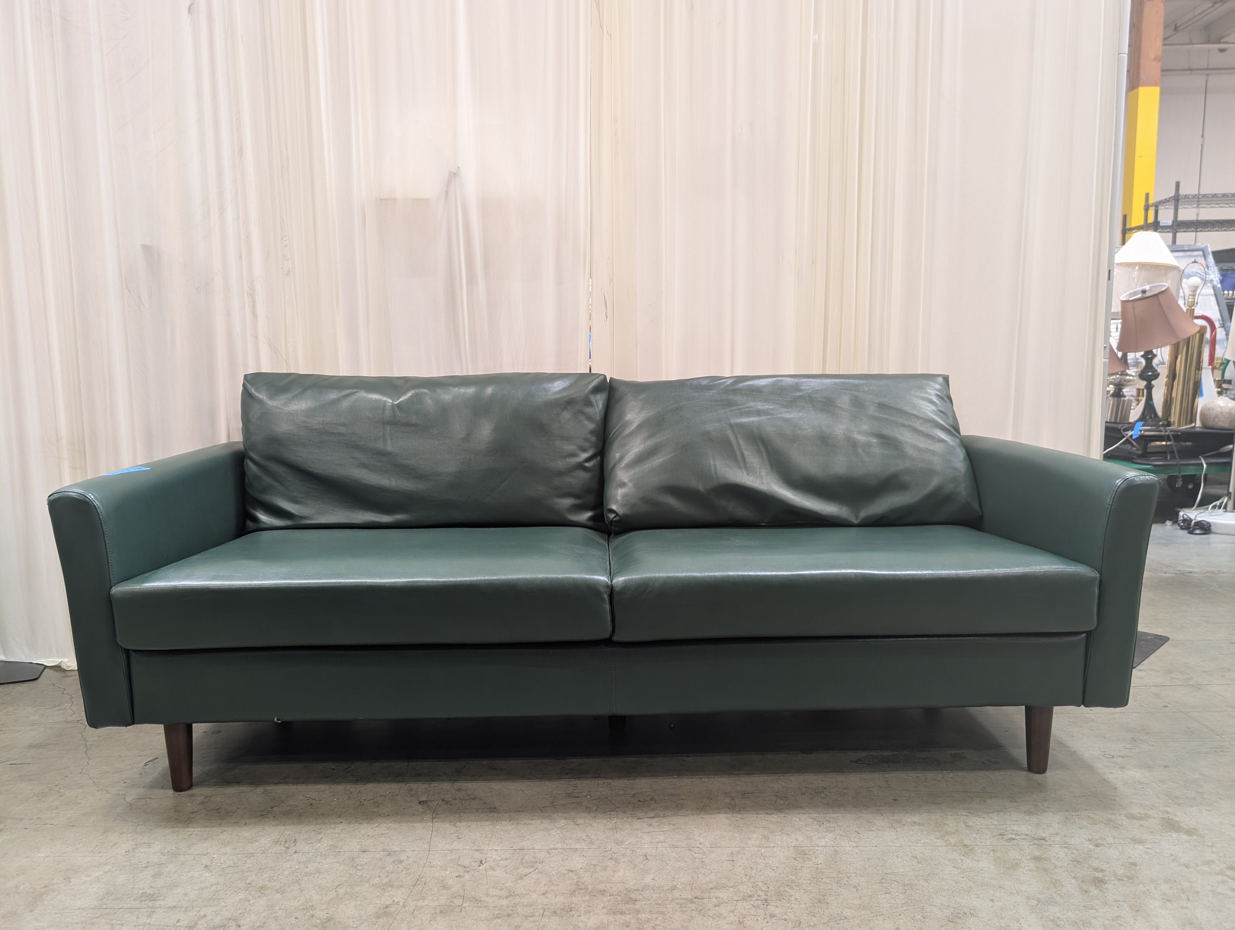 Hunter Green Mid-Century Couch in Faux Leather