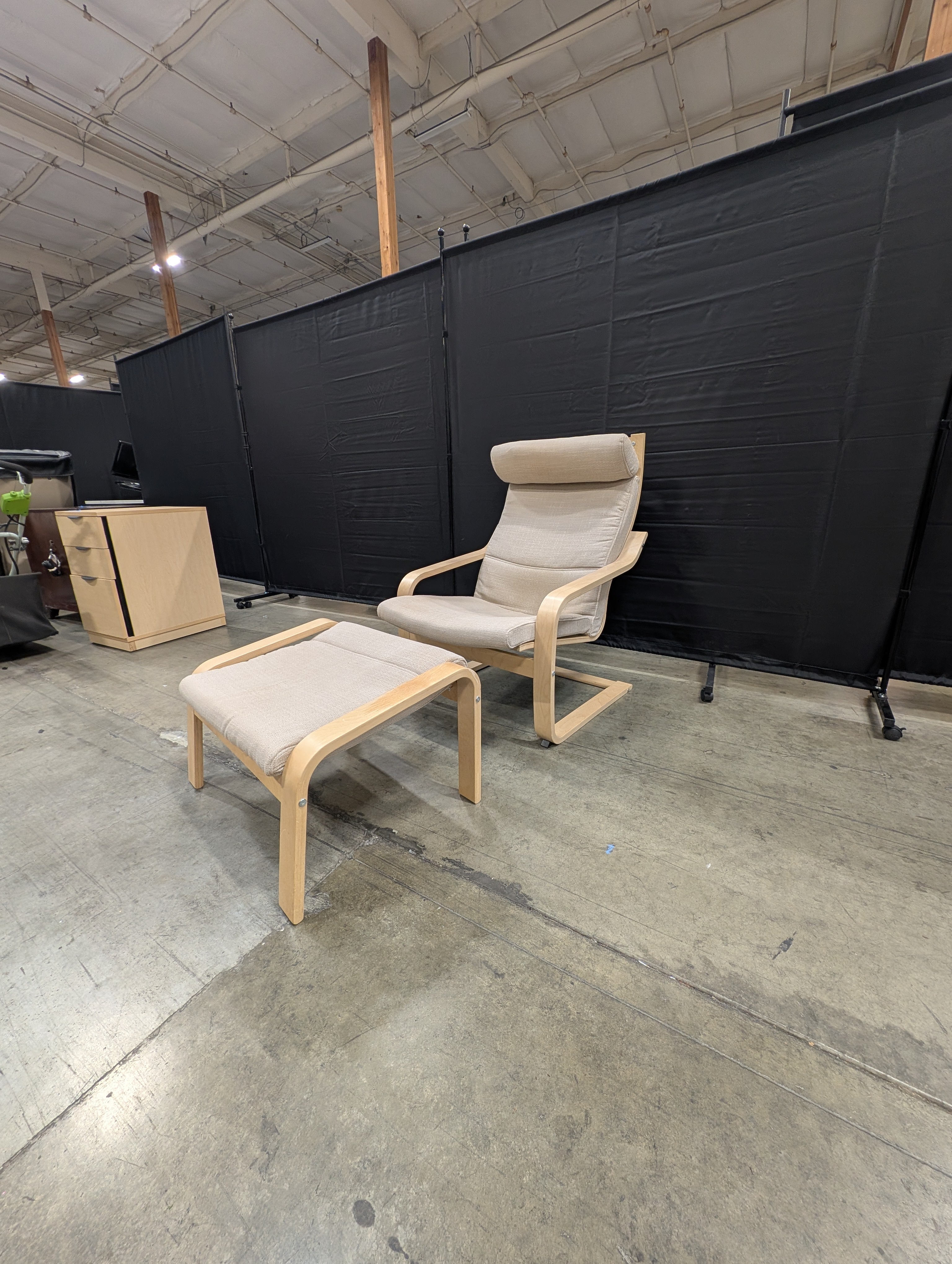 Used IKEA Poäng Armchair and Ottoman Set,  Wood Frame, Beige Fabric