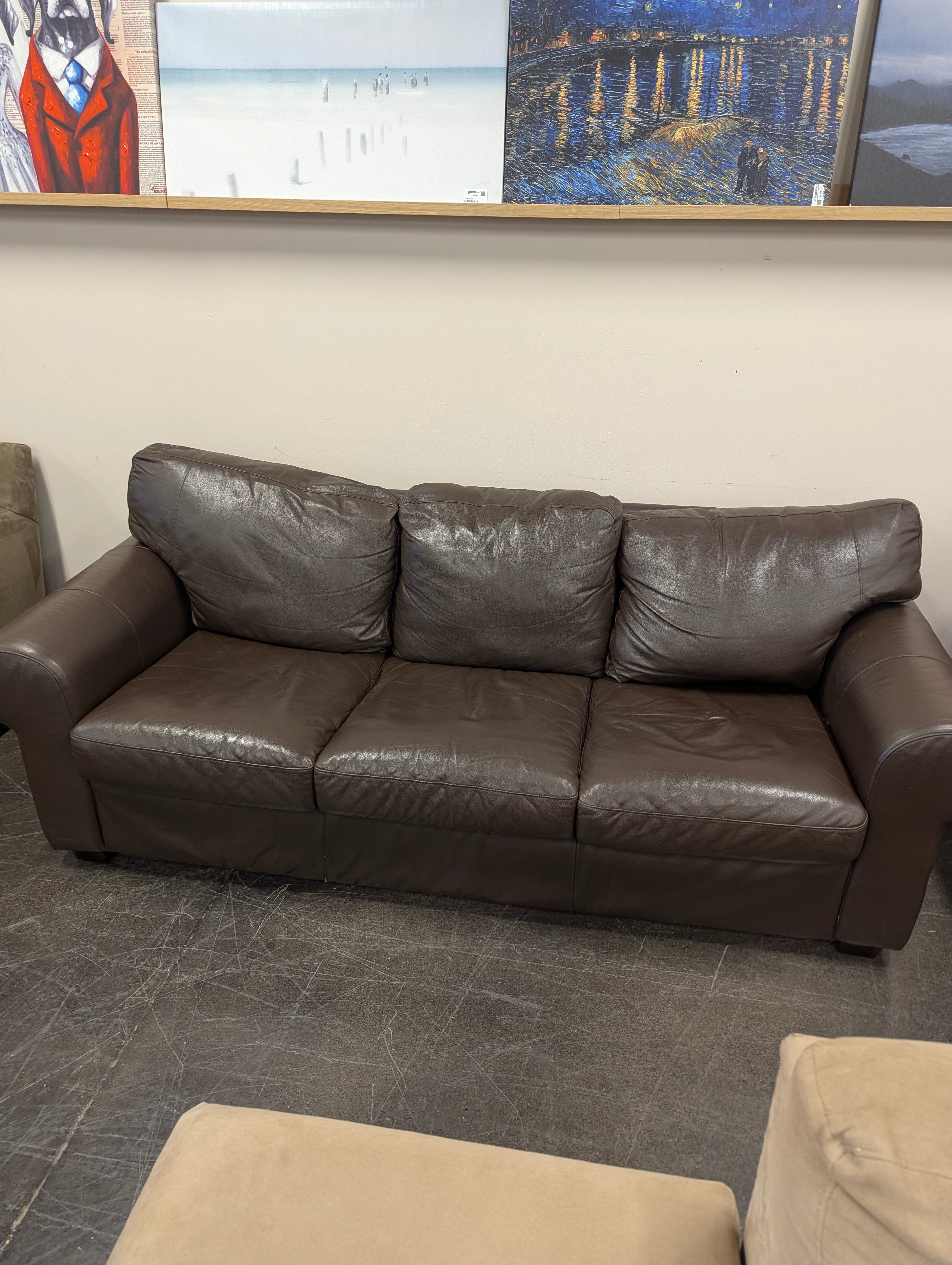 Rich Brown Leather Three-Seater Sofa