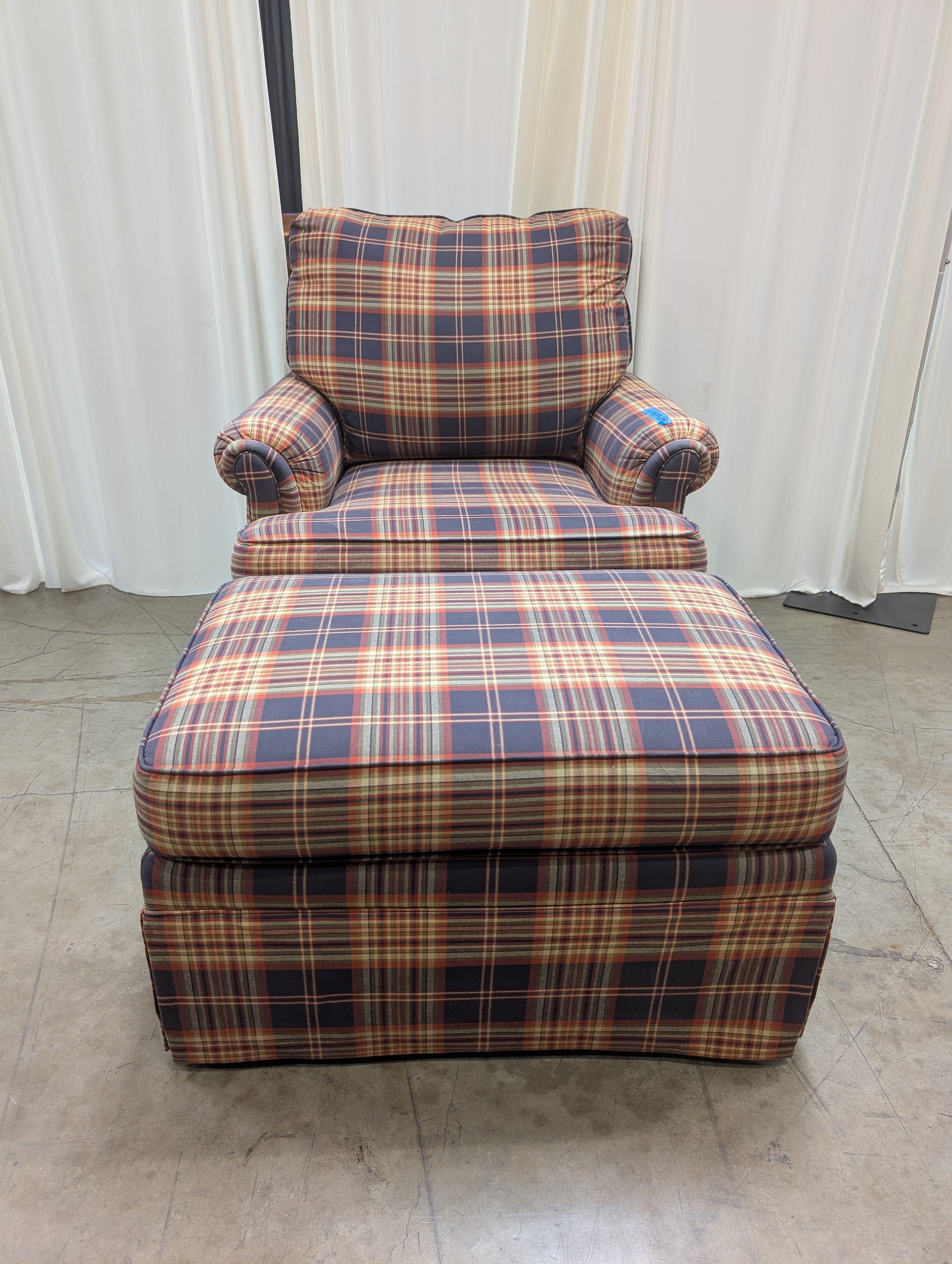 Ethan Allen Multi-Color Plaid Textile Armchair and Ottoman
