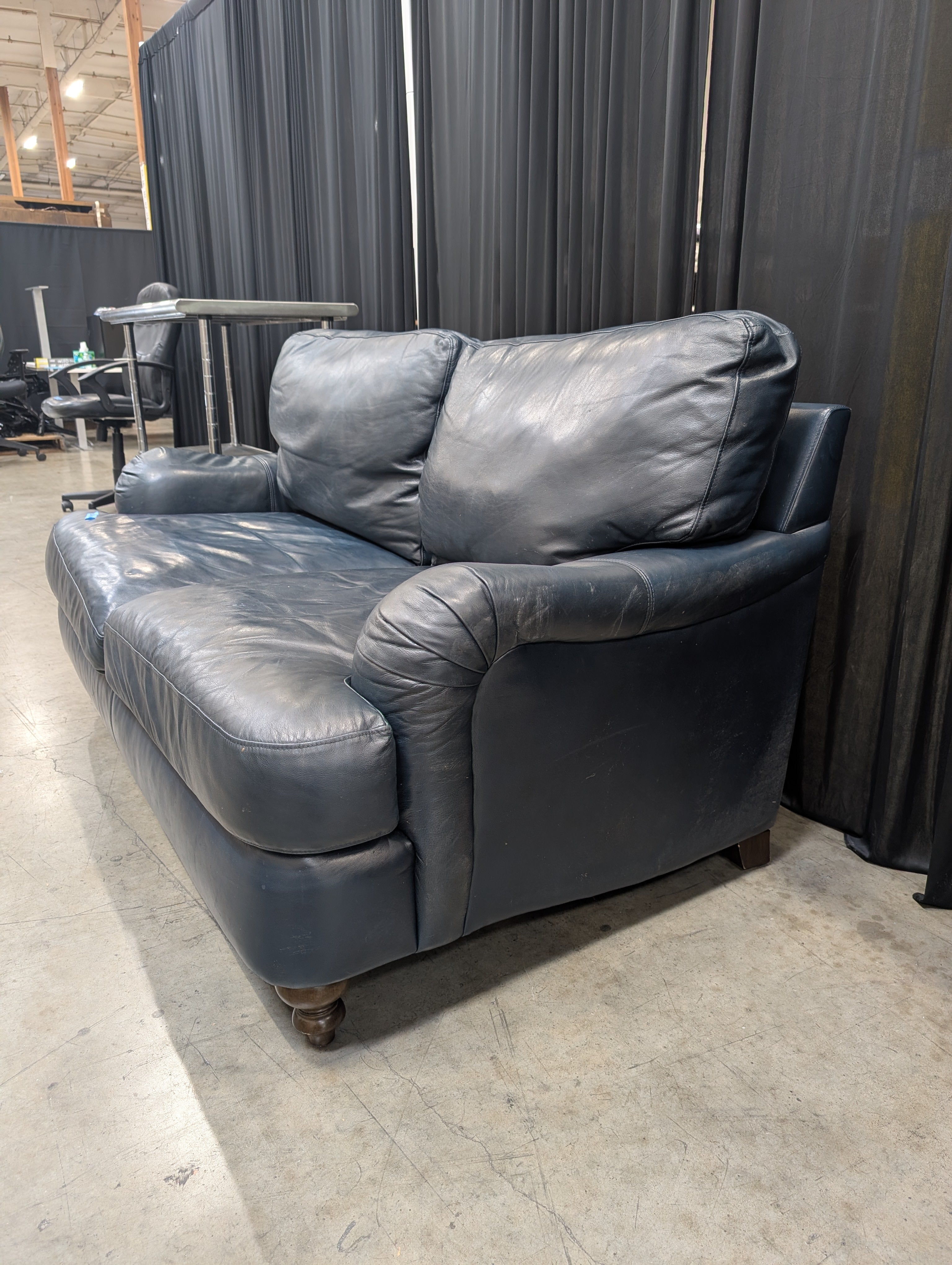Plush Two-Seat Loveseat in Dark Blue Leather
