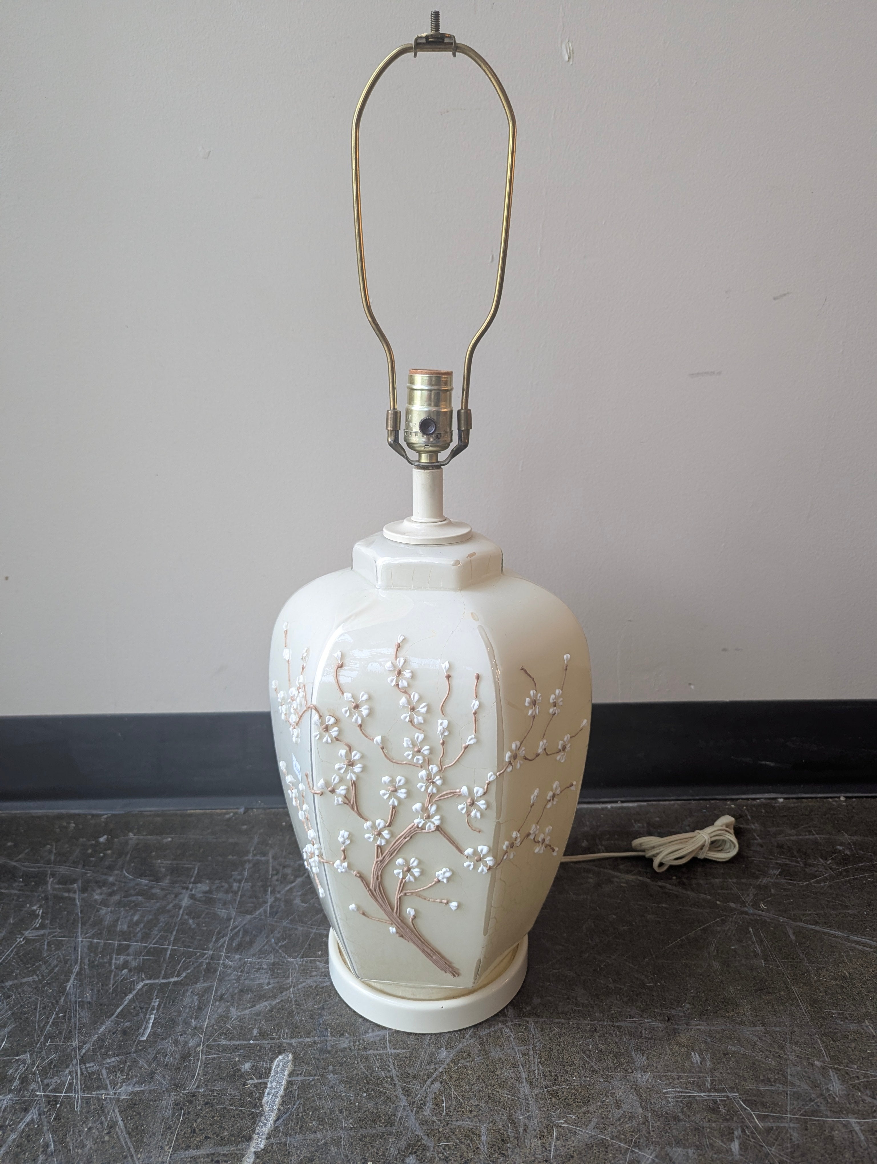 Vintage Cream Ceramic Table Lamp with Cherry Blossom Relief Design