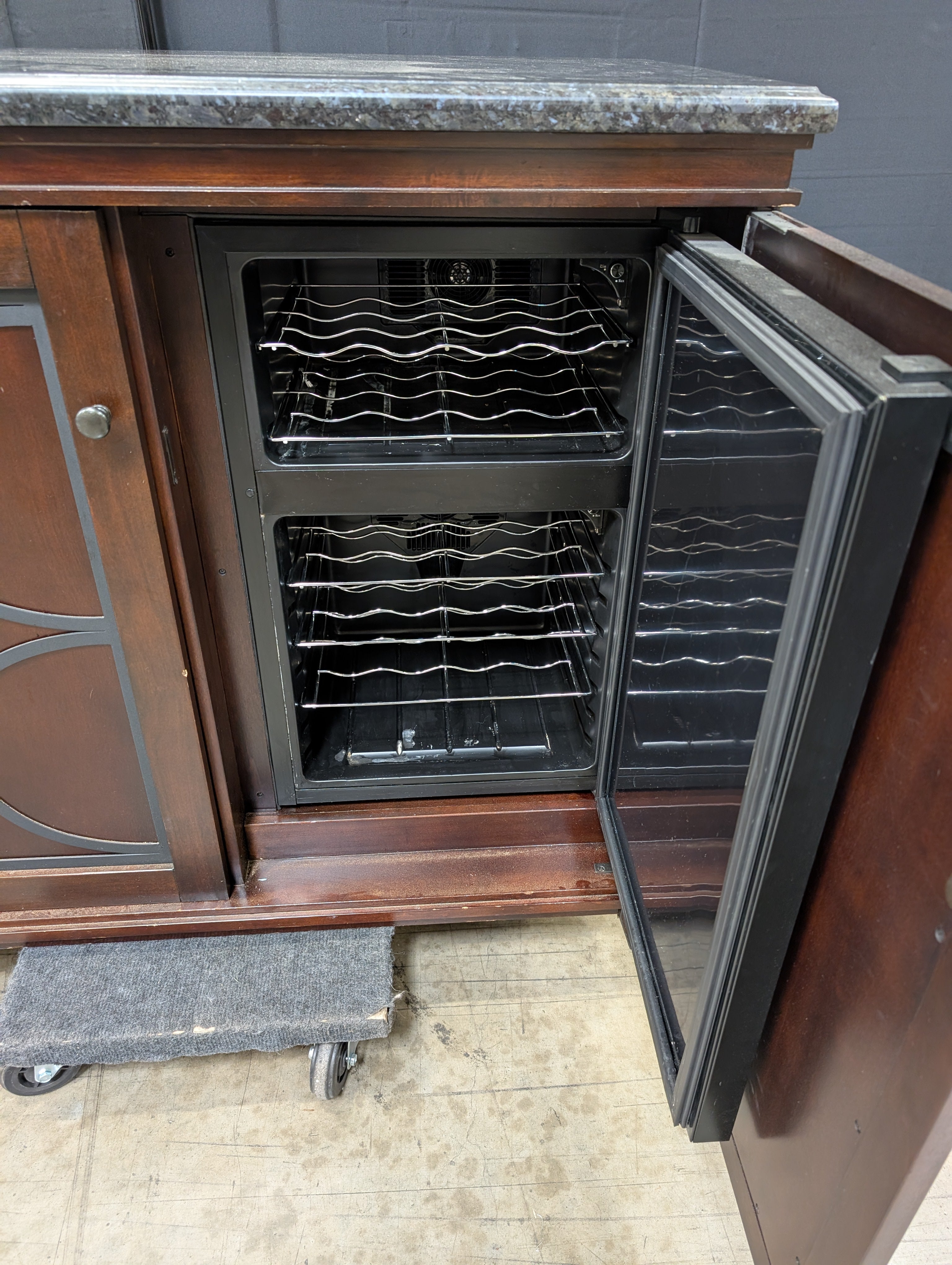 Dark Wood Wine Storage Cabinet with Granite Top and Decorative Doors