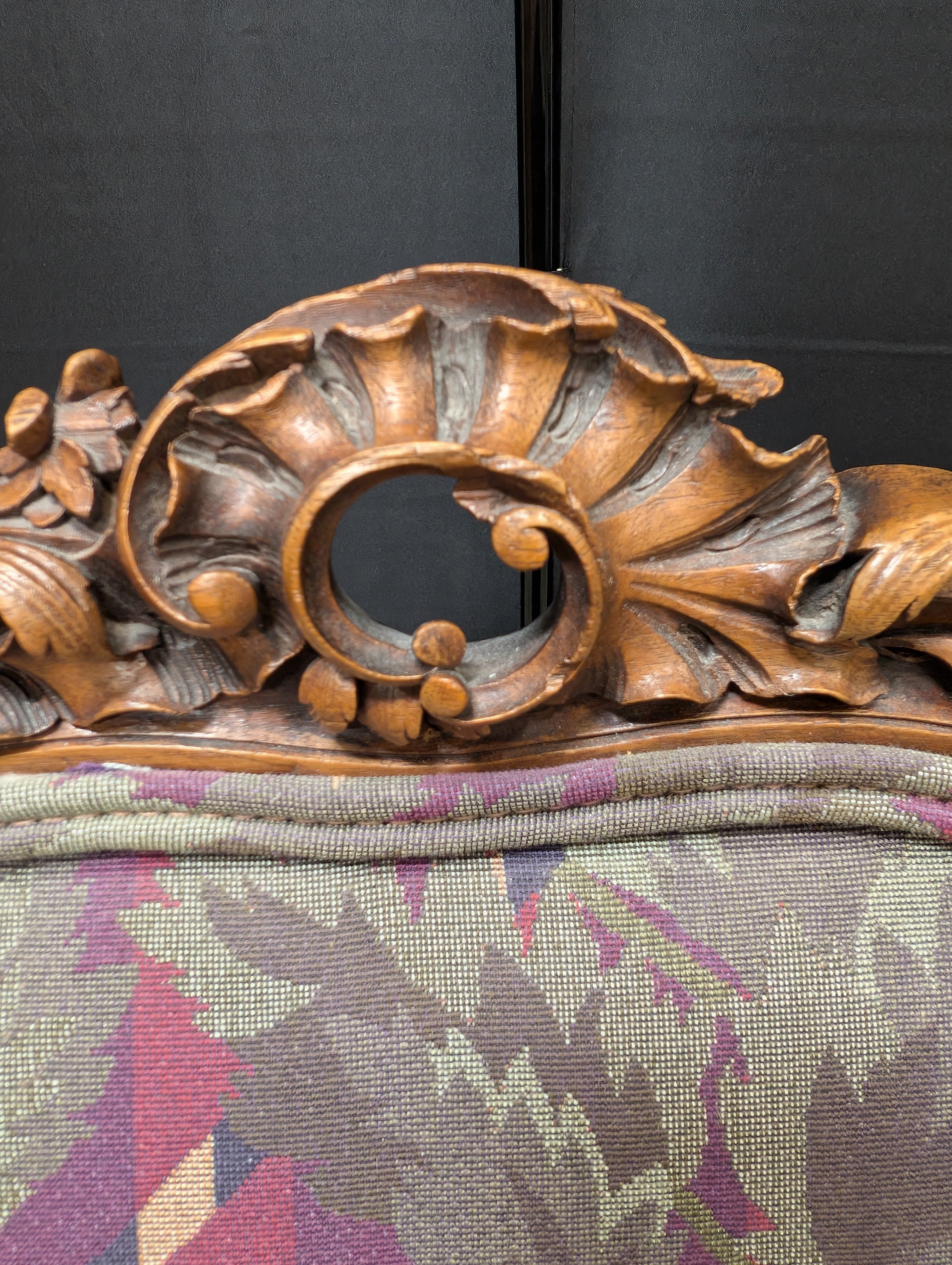 Vintage Carved Wood Armchair with Botanical Upholstery