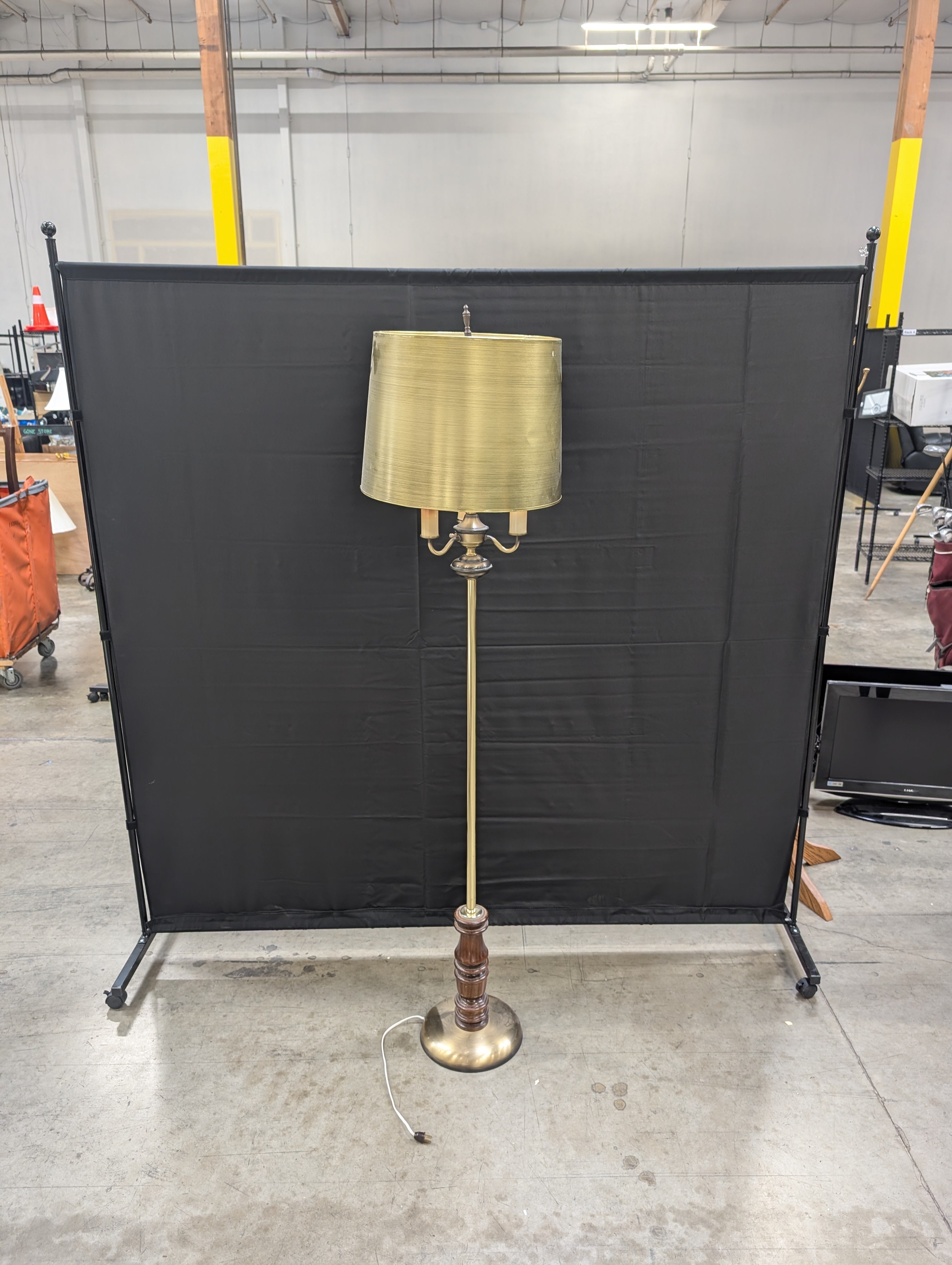 Vintage Style Brass Tone Floor Lamp with Turned Wood Accent